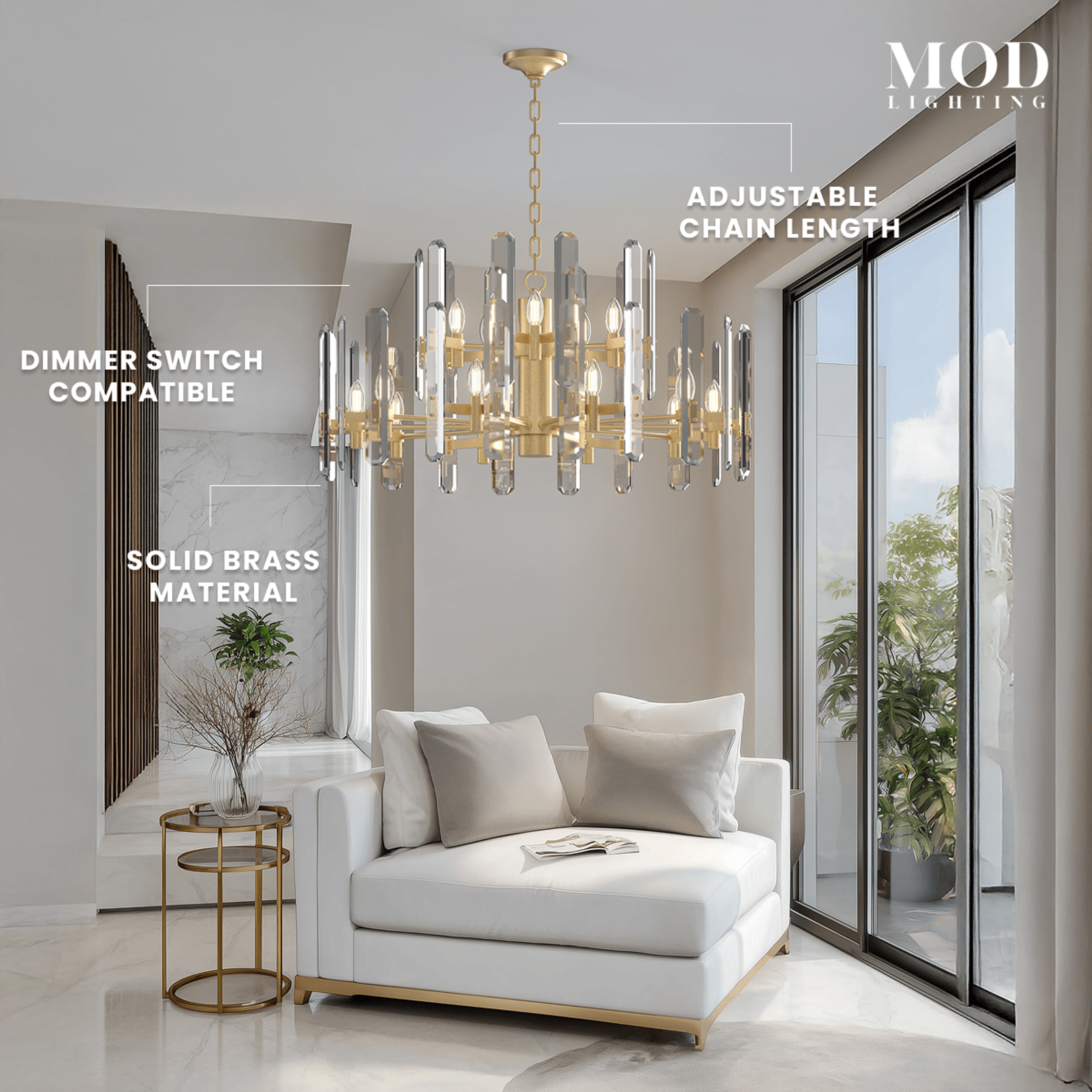 Prism brushed-gold drum chandelier with vertical faceted crystal bars in a sitting area, noting solid brass and dimmable