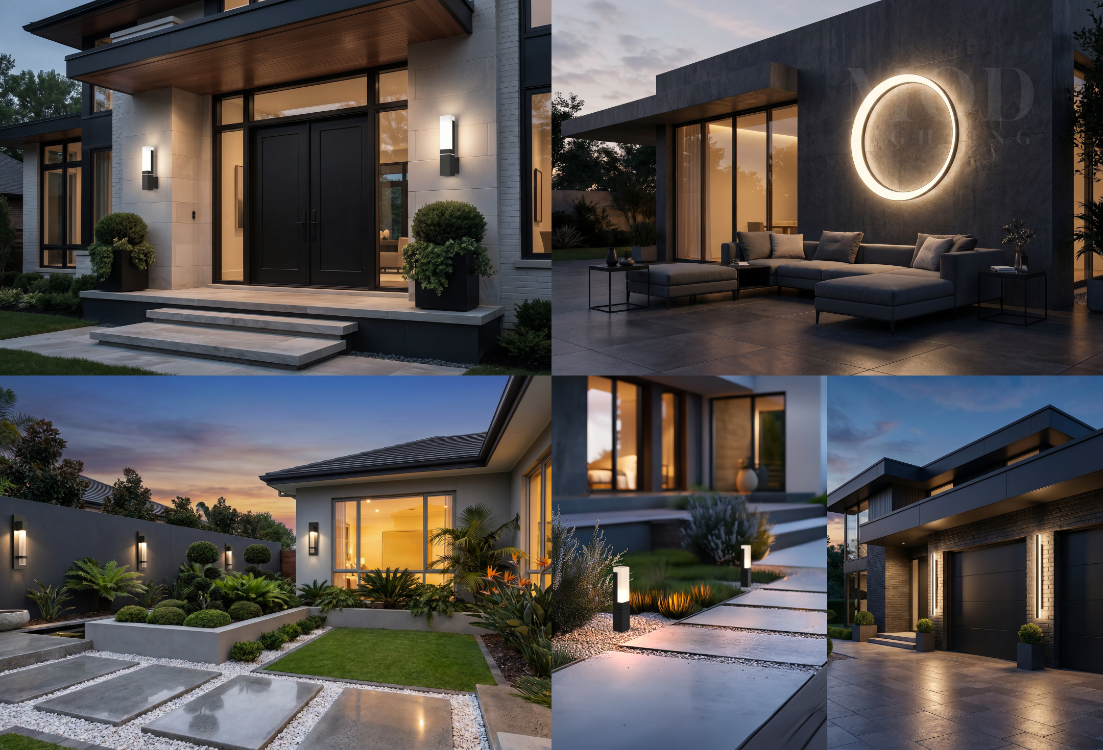 Outdoor lighting across 5 areas: entry, patio, yard, path, garage