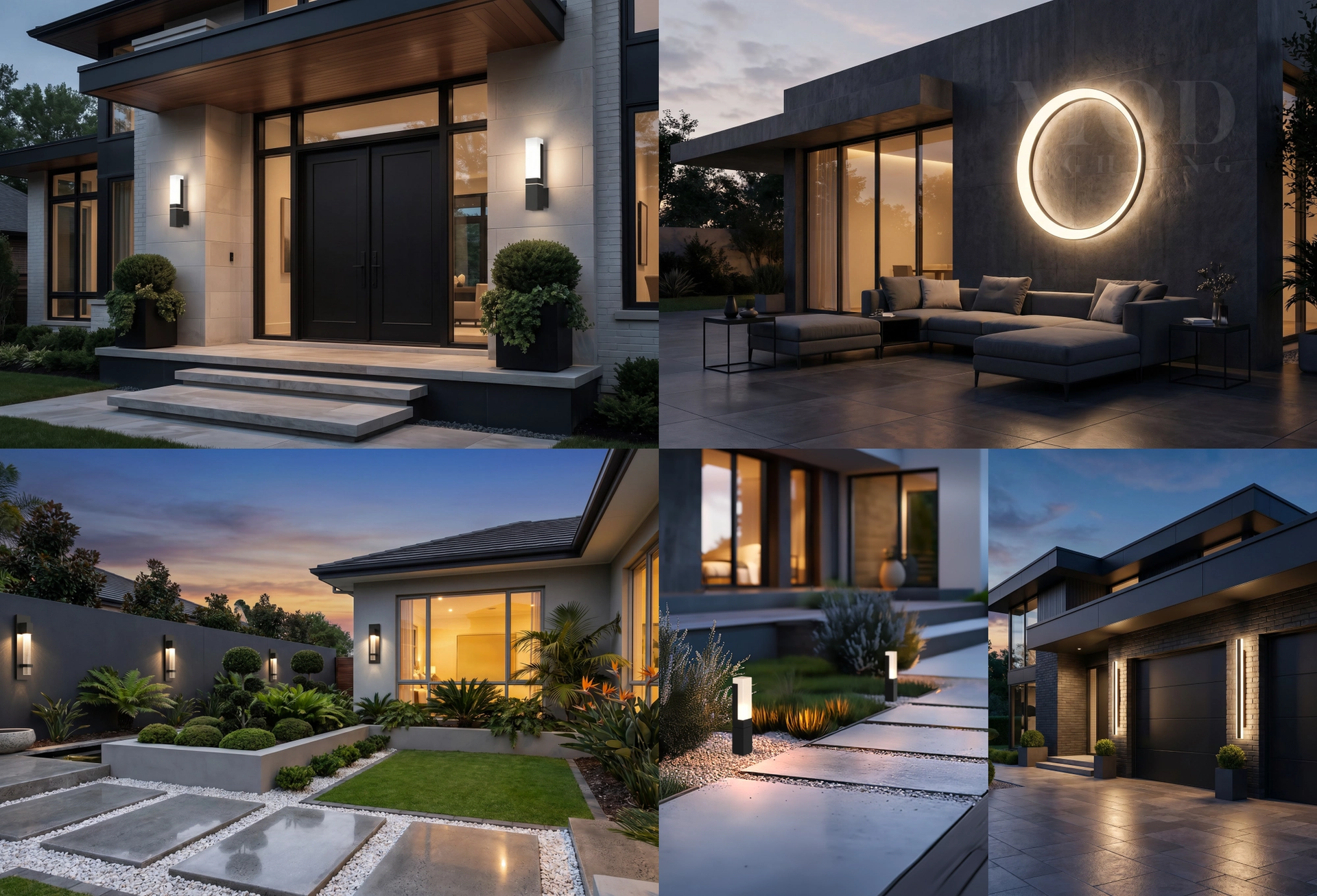 Outdoor lighting across 5 areas: entry, patio, yard, path, garage