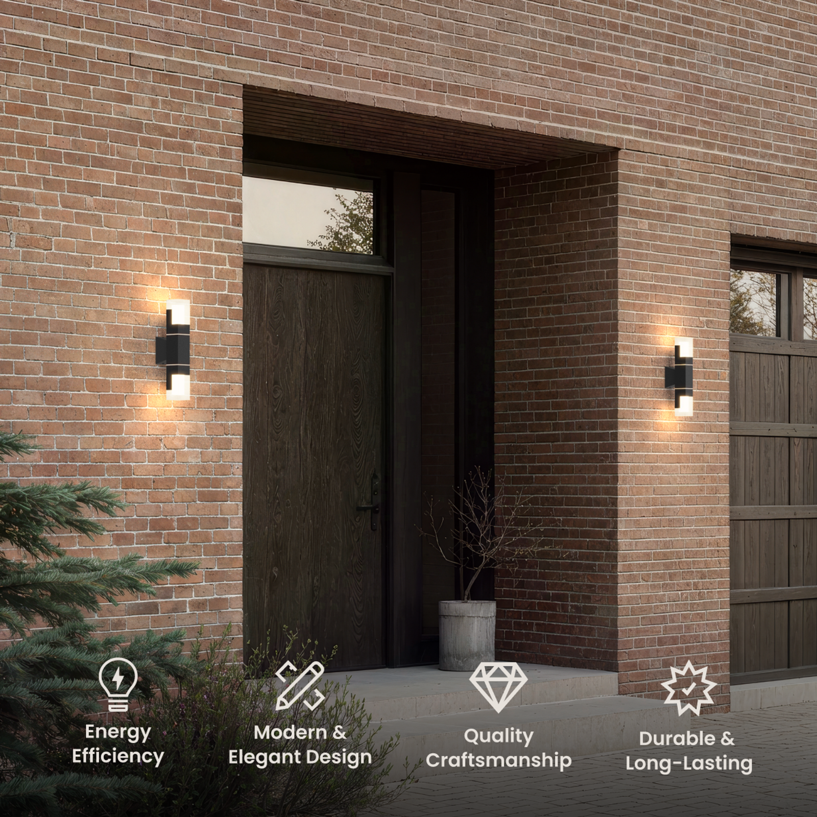 Falcon outdoor sconce in black, two up-and-down wall lights on red brick flanking a dark entry door at dusk