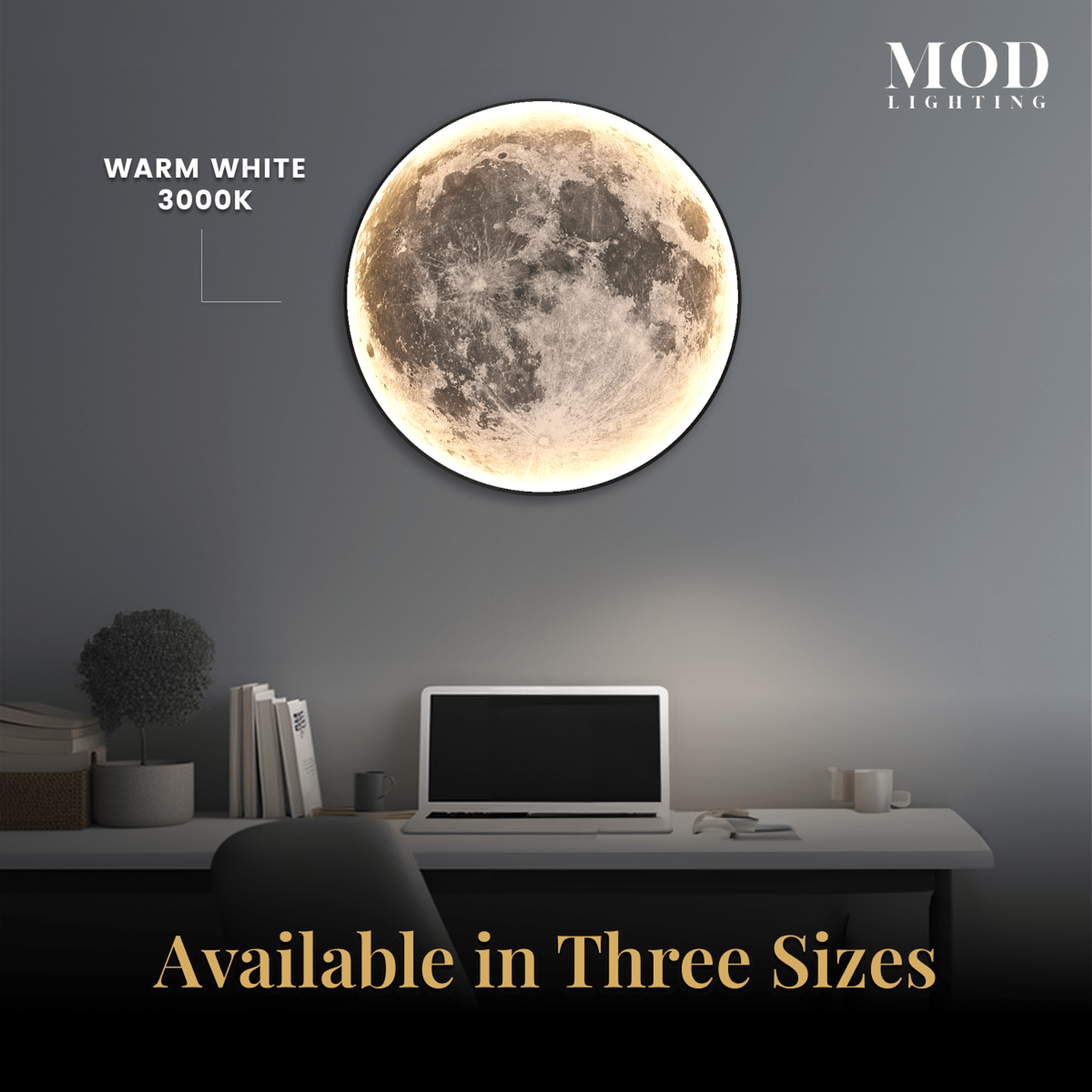 Luna moon lamp, warm white full-moon disc on a wall above a desk with a laptop