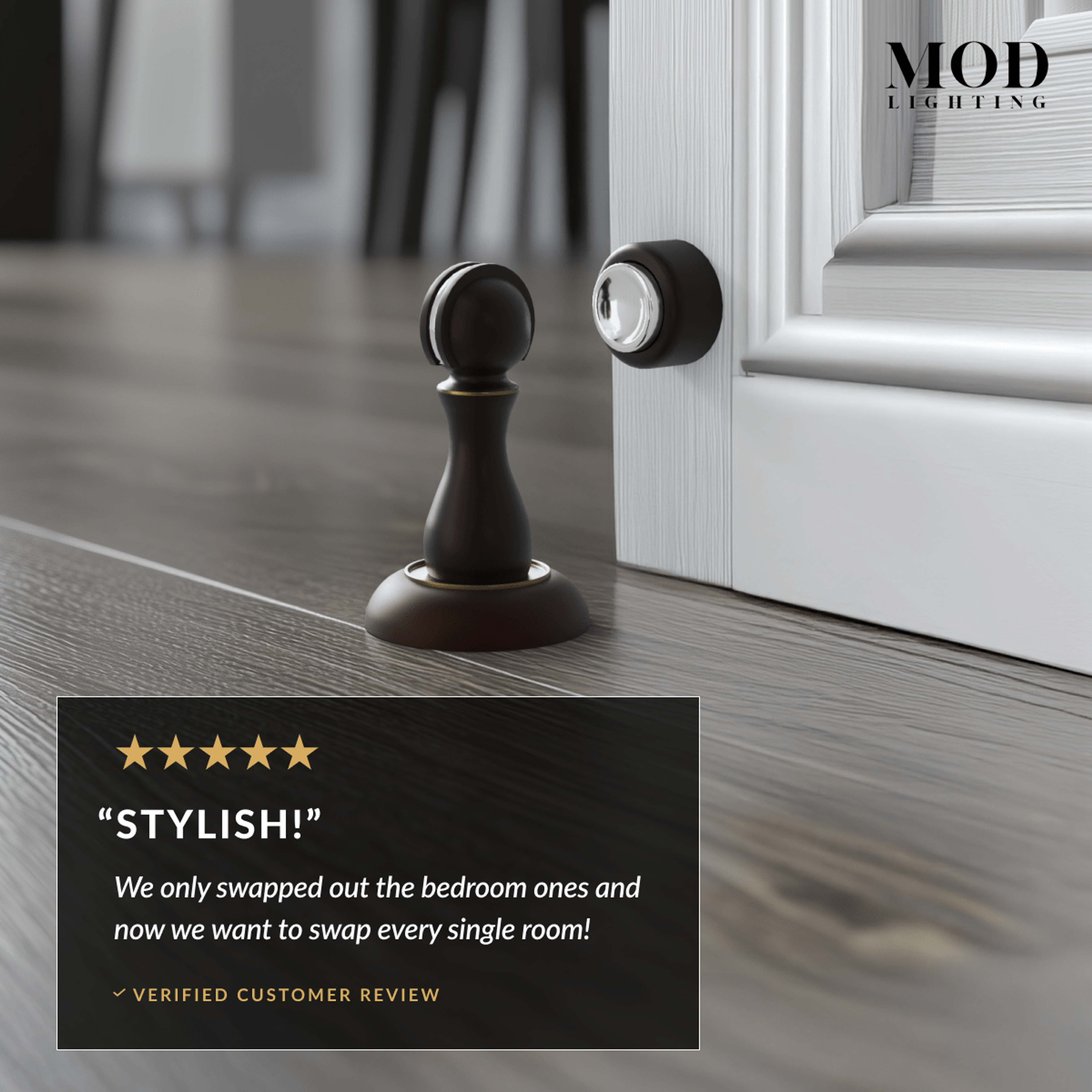 Rivo black magnetic pawn-shaped door stop holding a door, with five-star customer review