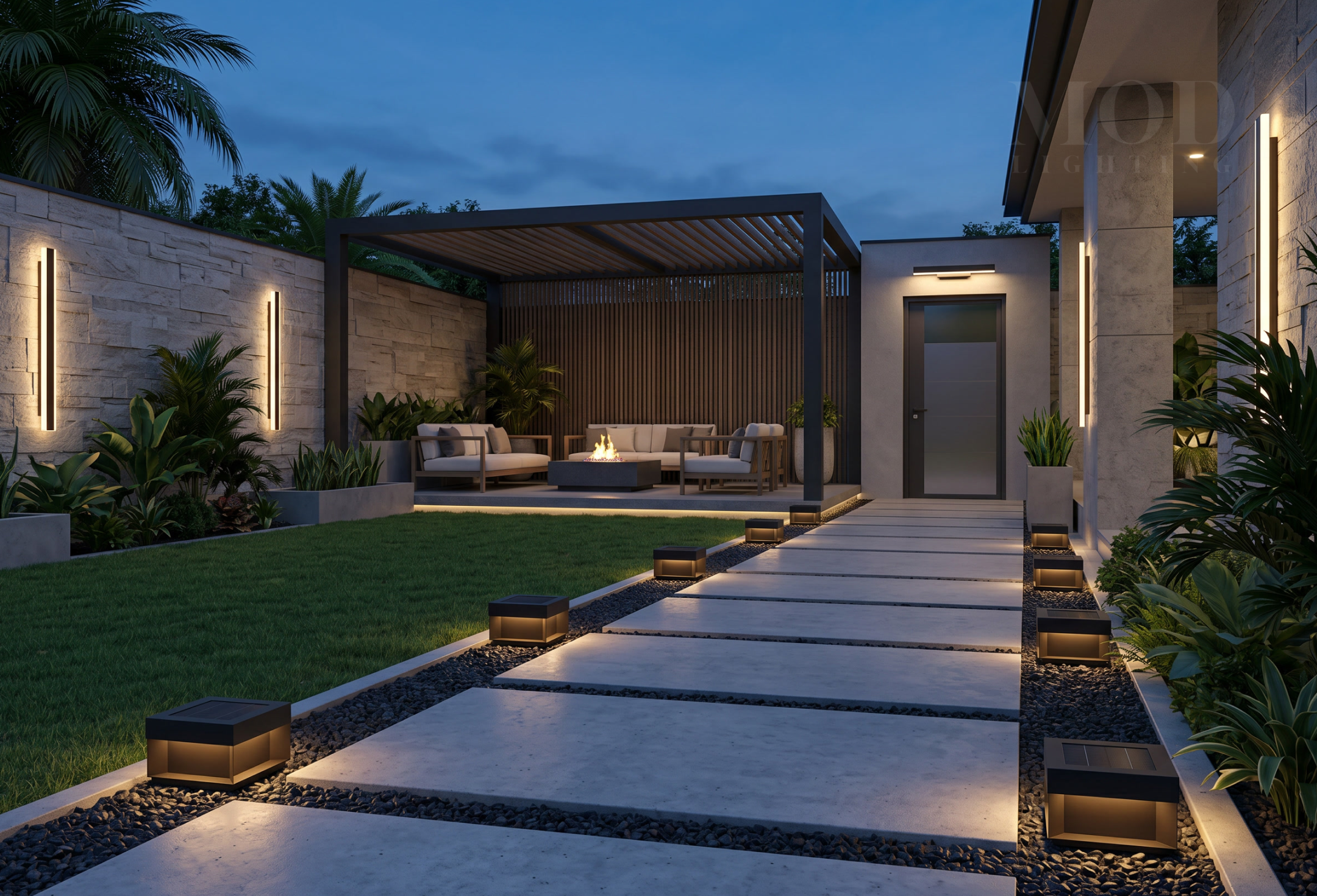 Outdoor lighting plan showing entry, path, patio, and garden zones