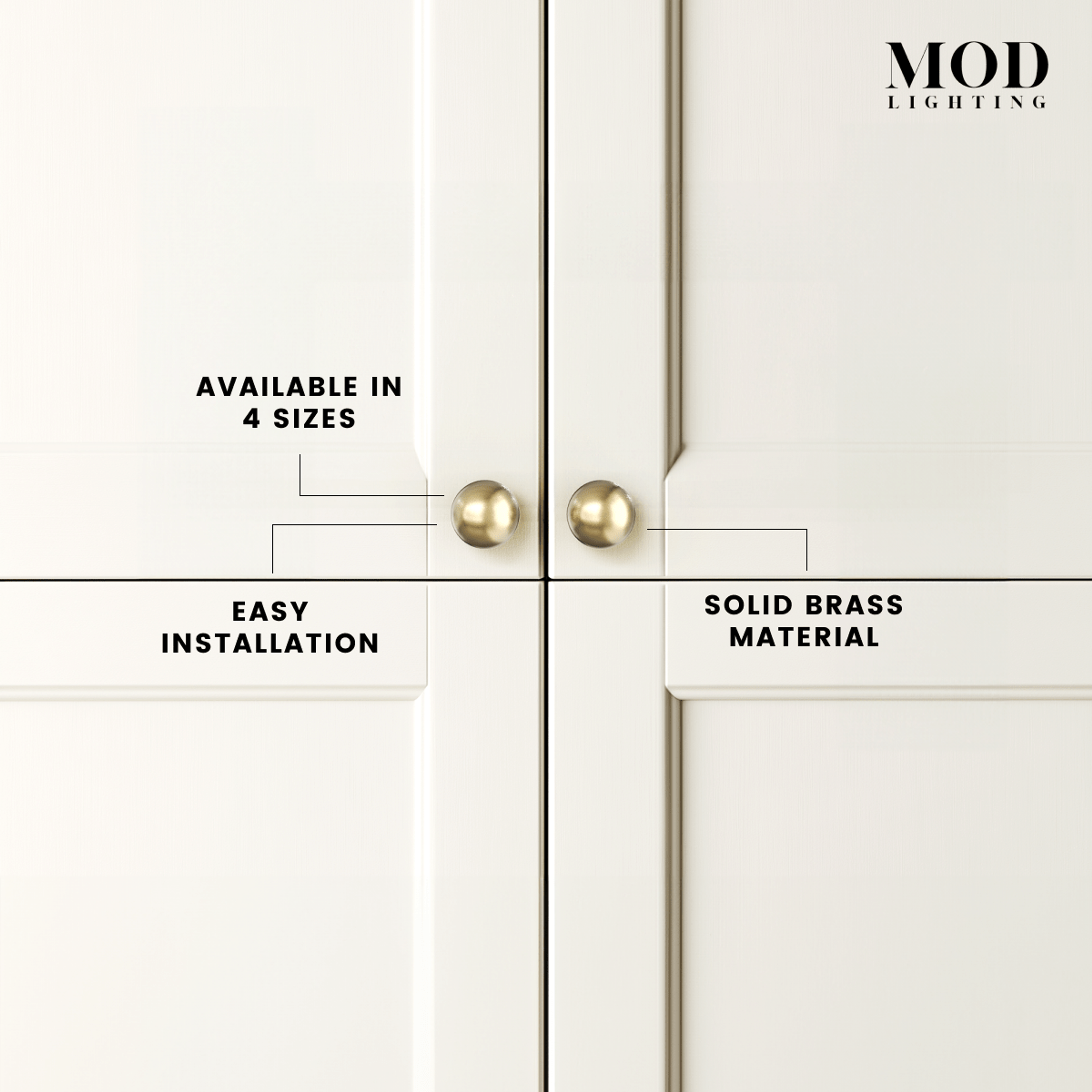 Rochelle brushed-gold spherical cabinet knob shown on kitchen, pantry, dresser and drawer cabinetry