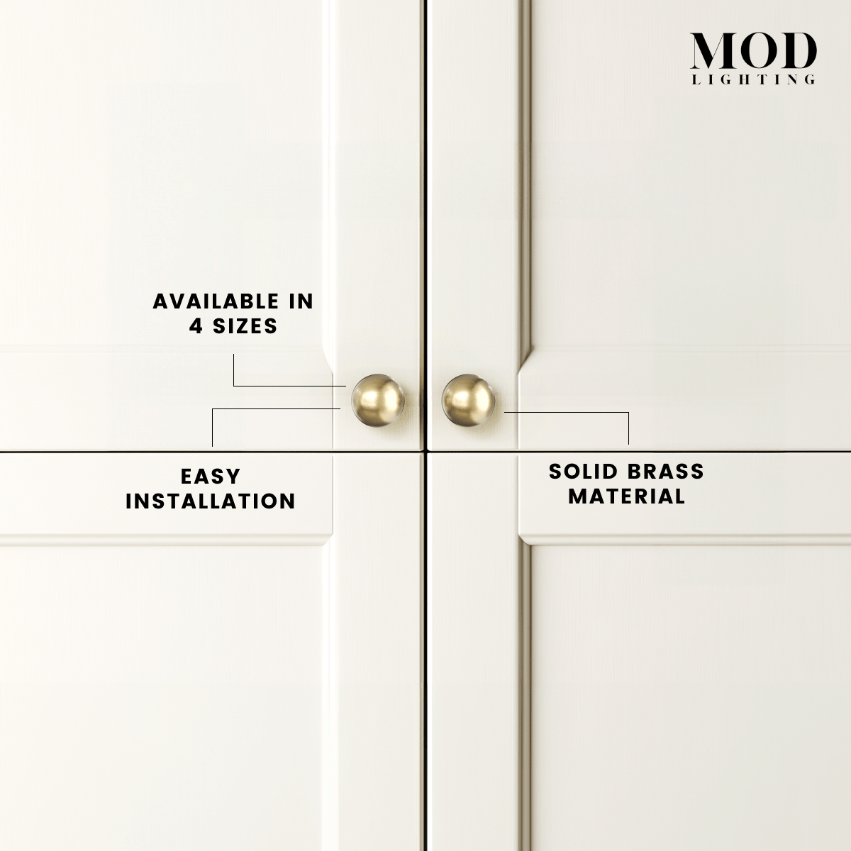 Rochelle brushed-gold spherical cabinet knob shown on kitchen, pantry, dresser and drawer cabinetry