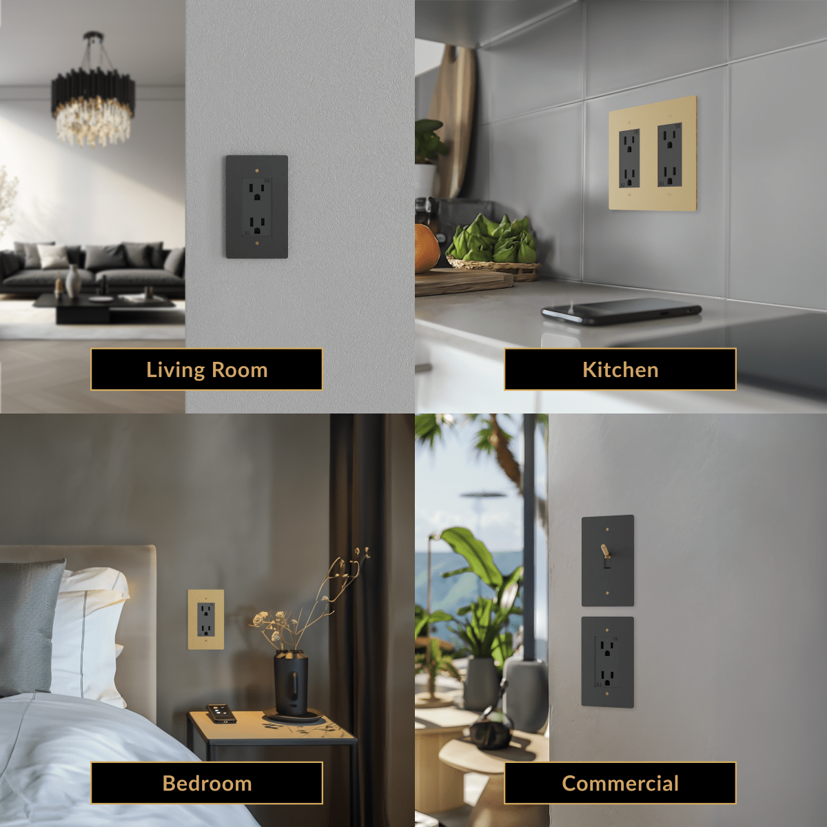 Modern Wall Outlet shown in black and gold finishes across living room, kitchen, bedroom and commercial walls