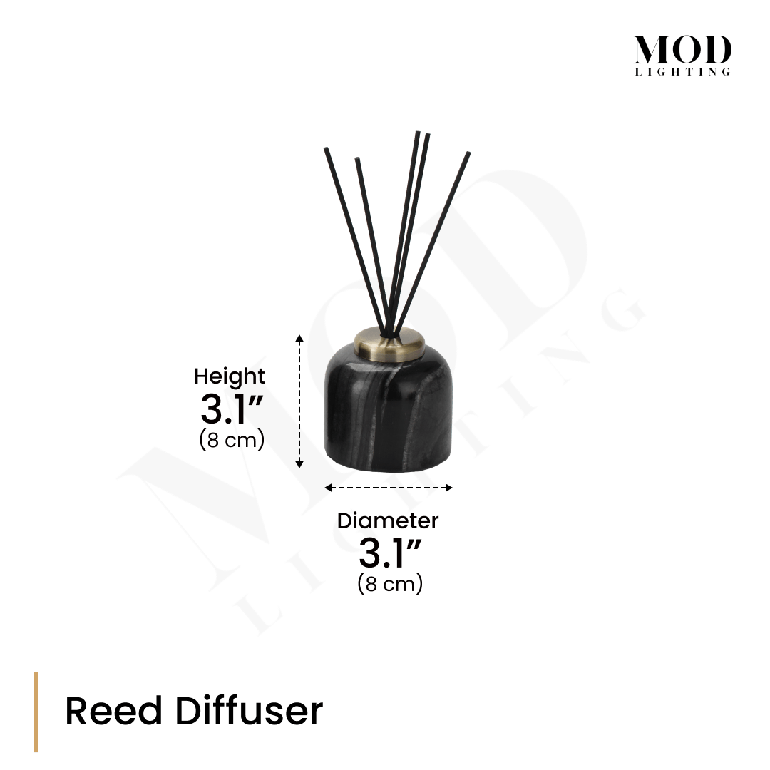 Timber Vein black marble reed diffuser, dome base with black reeds, dimension diagram: 3.1" (8 cm) height and diameter