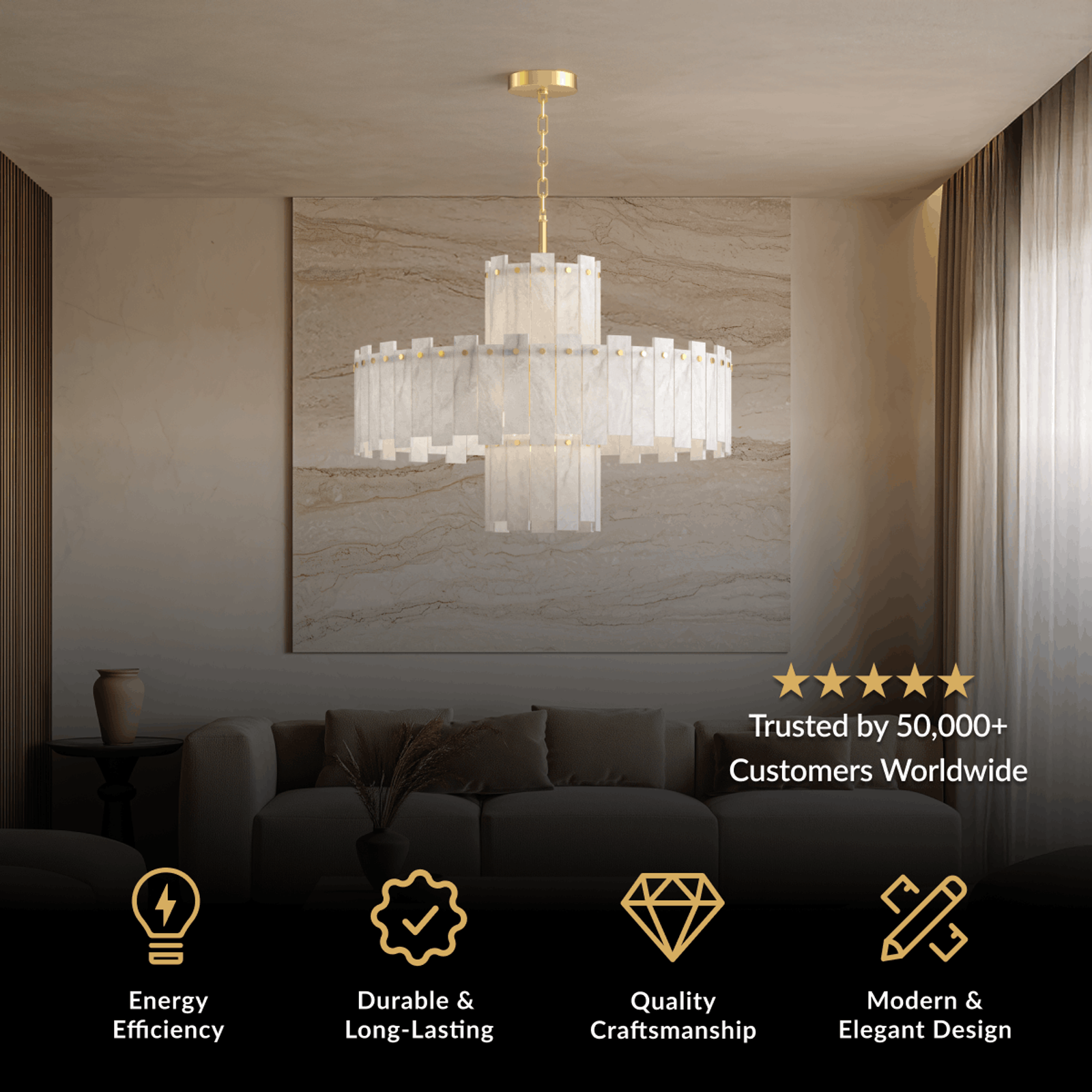 Velina alabaster chandelier, gold frame with two tiers of white alabaster panels, over a sofa