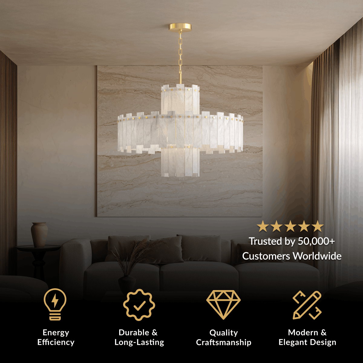 Velina alabaster chandelier, gold frame with two tiers of white alabaster panels, over a sofa