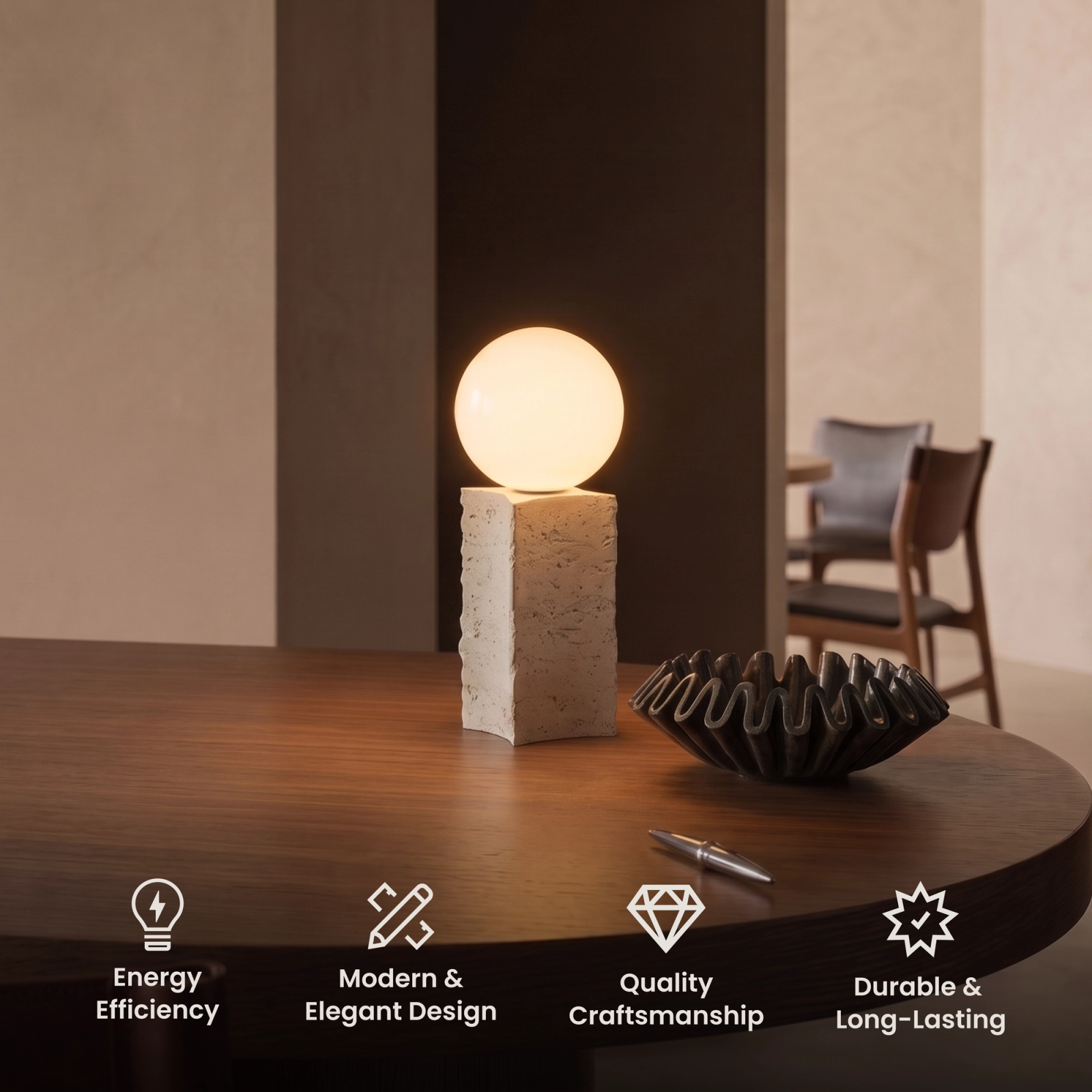 Arabella Table Lamp, warm globe bulb atop a square travertine stone base on a bedside surface