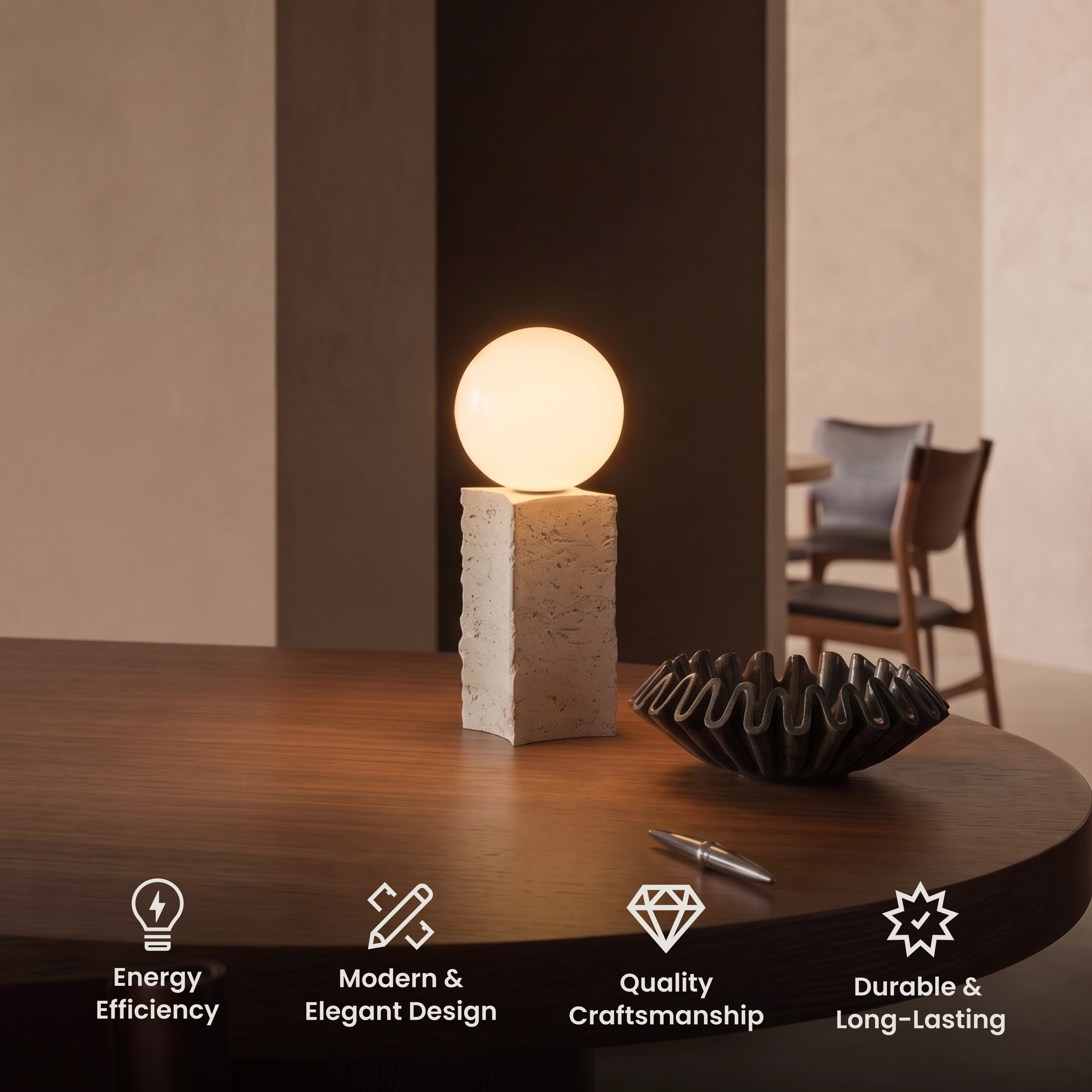 Arabella Table Lamp, warm globe bulb atop a square travertine stone base on a bedside surface