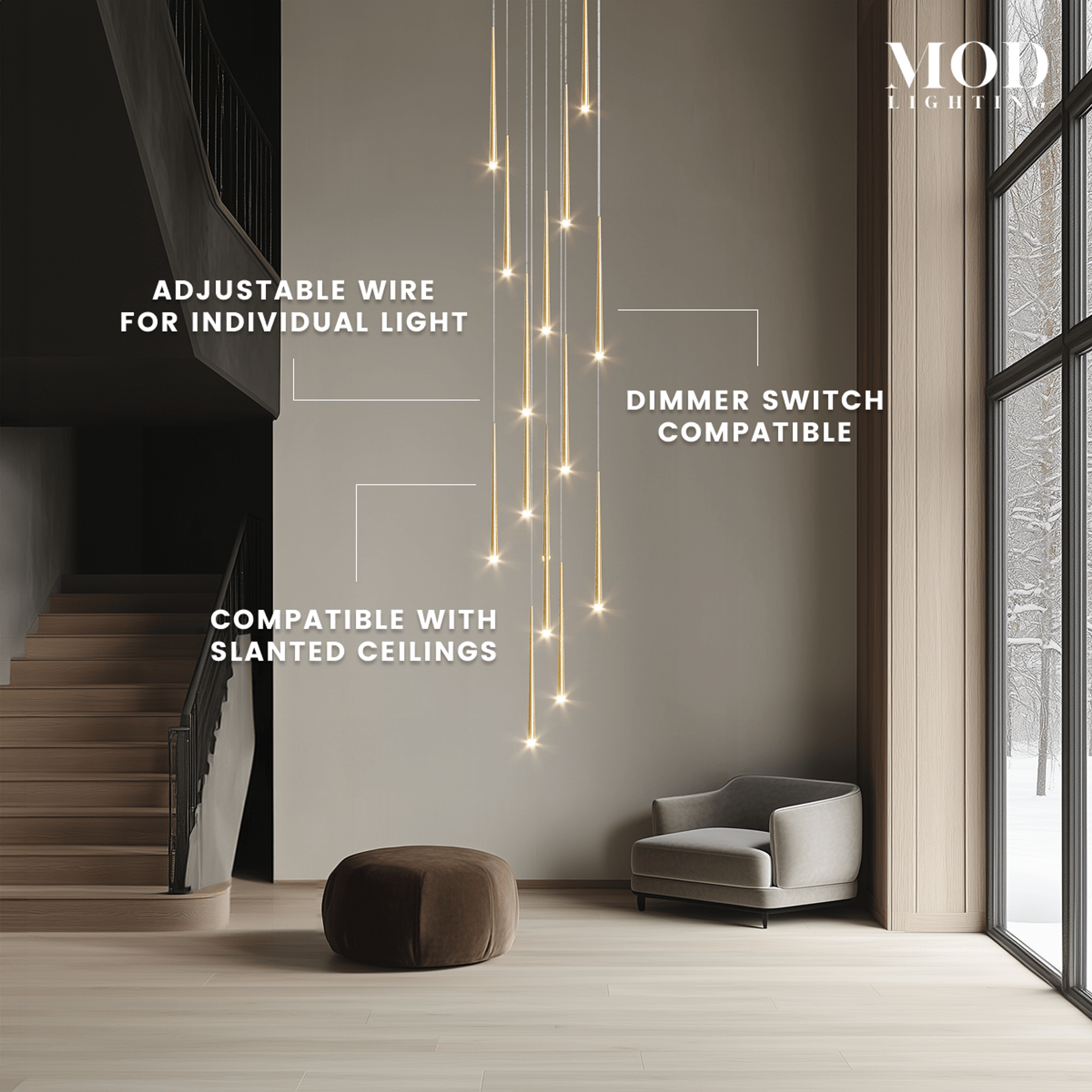 Jasper gold slim rod pendants spiraling from a high ceiling above a lounge chair and ottoman