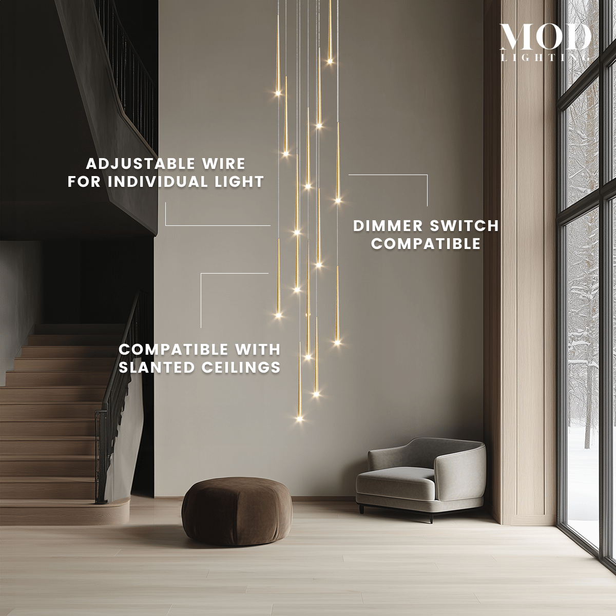Jasper gold slim rod pendants spiraling from a high ceiling above a lounge chair and ottoman