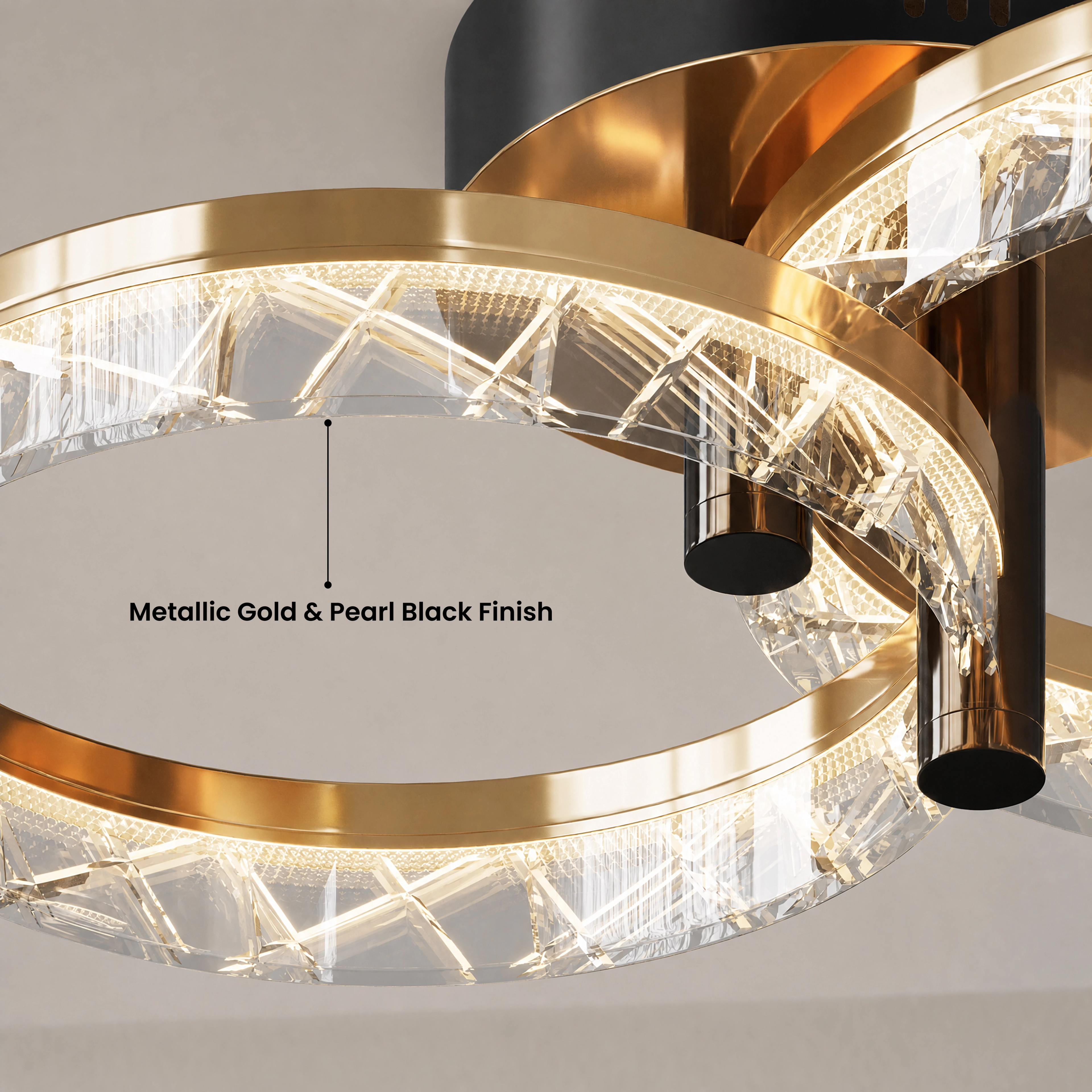 Clara gold and pearl-black crystal ring ceiling light in warm white over a living room, Warm White 3000K