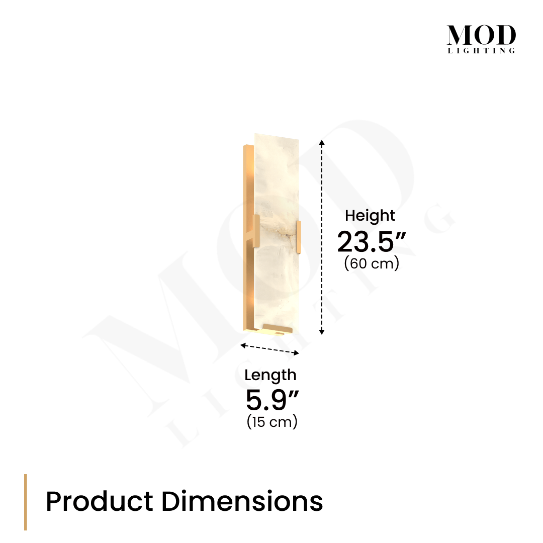 Rhea sconce dimension diagram: faceted alabaster panel on gold backplate, 23.5 in height, 5.9 in length