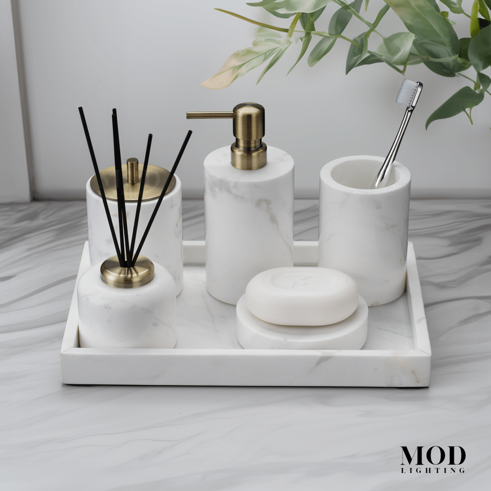 Jazz White Marble Bath Set with soap pump, toothbrush holder, soap dish and tray