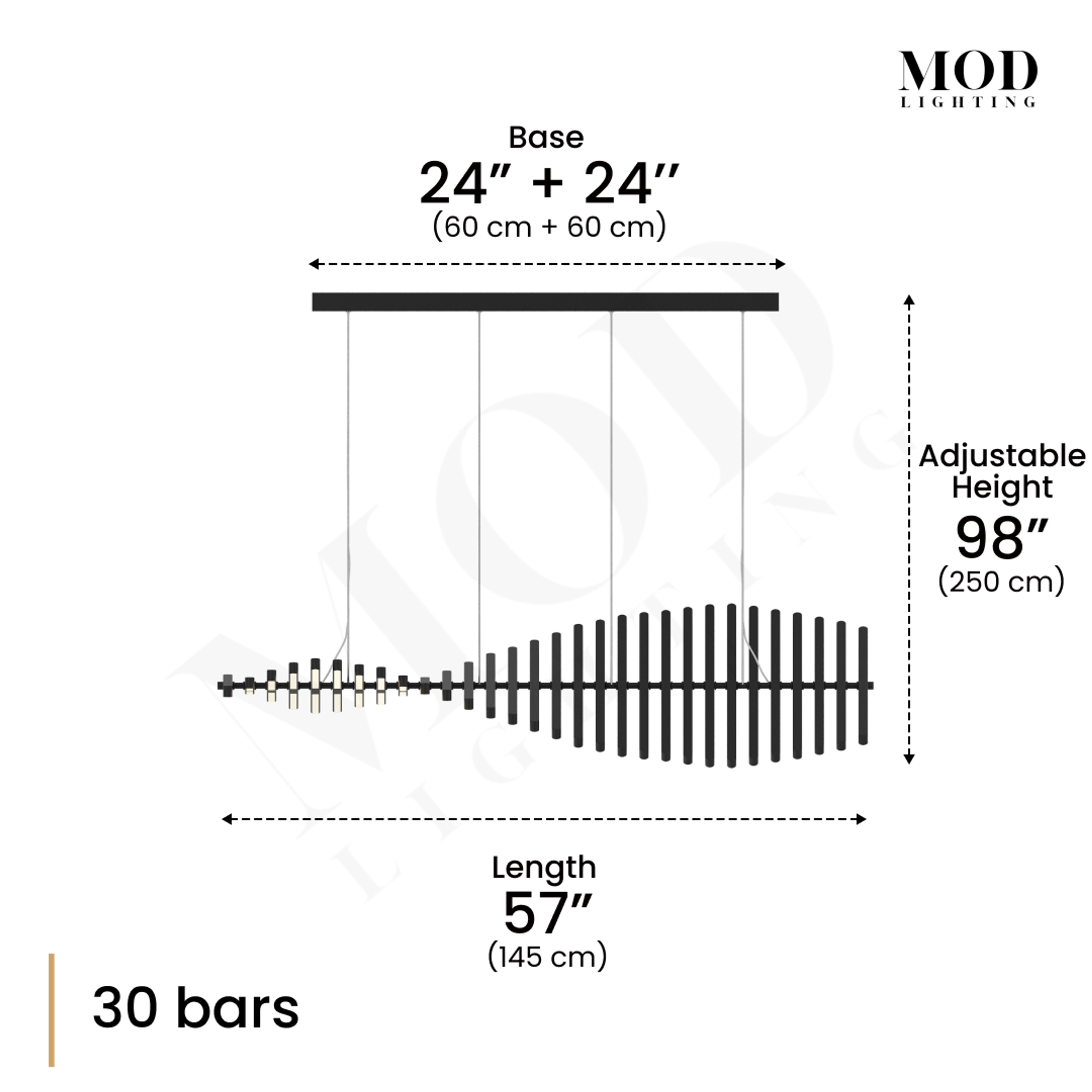 Sylas pendant dimension diagram, 30 bars: 57 in length, 24 in plus 24 in base, 98 in height