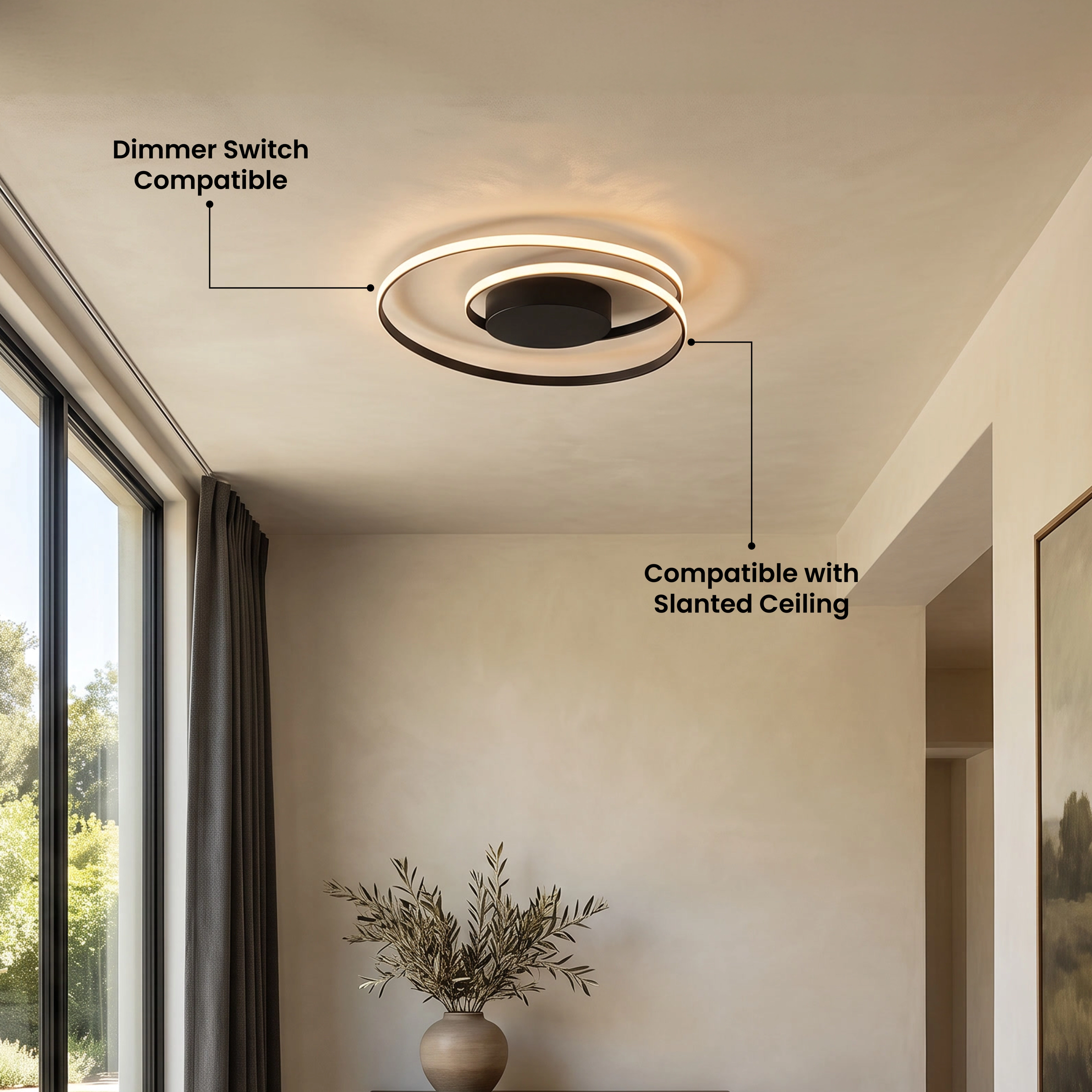 Spiral ceiling light, gold looping LED ring on ceiling above a dining table