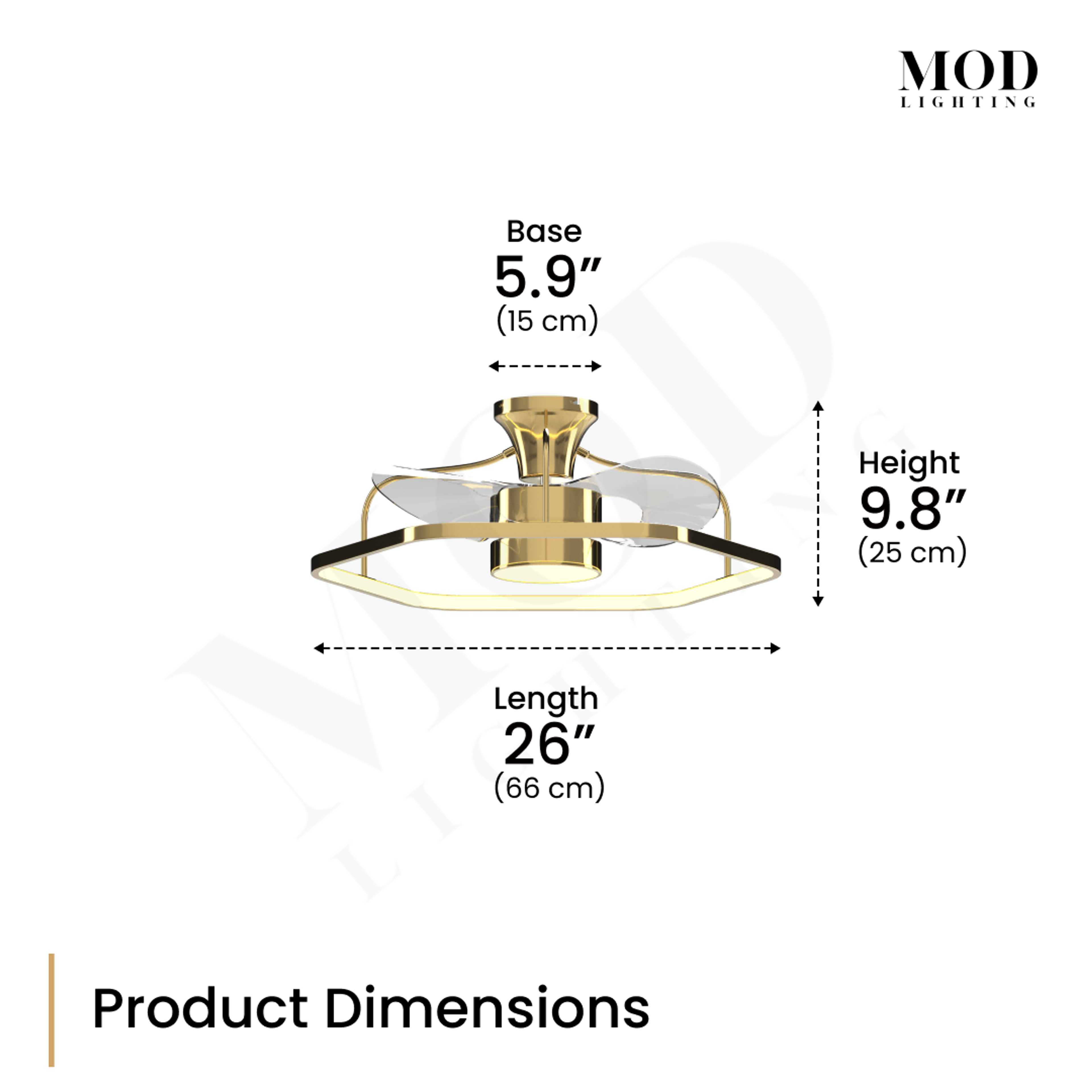 Virelle gold ceiling fan light dimension diagram: 26 in length, 9.8 in height, 5.9 in base