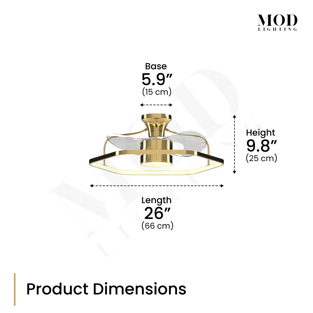 Virelle gold ceiling fan light dimension diagram: 26 in length, 9.8 in height, 5.9 in base