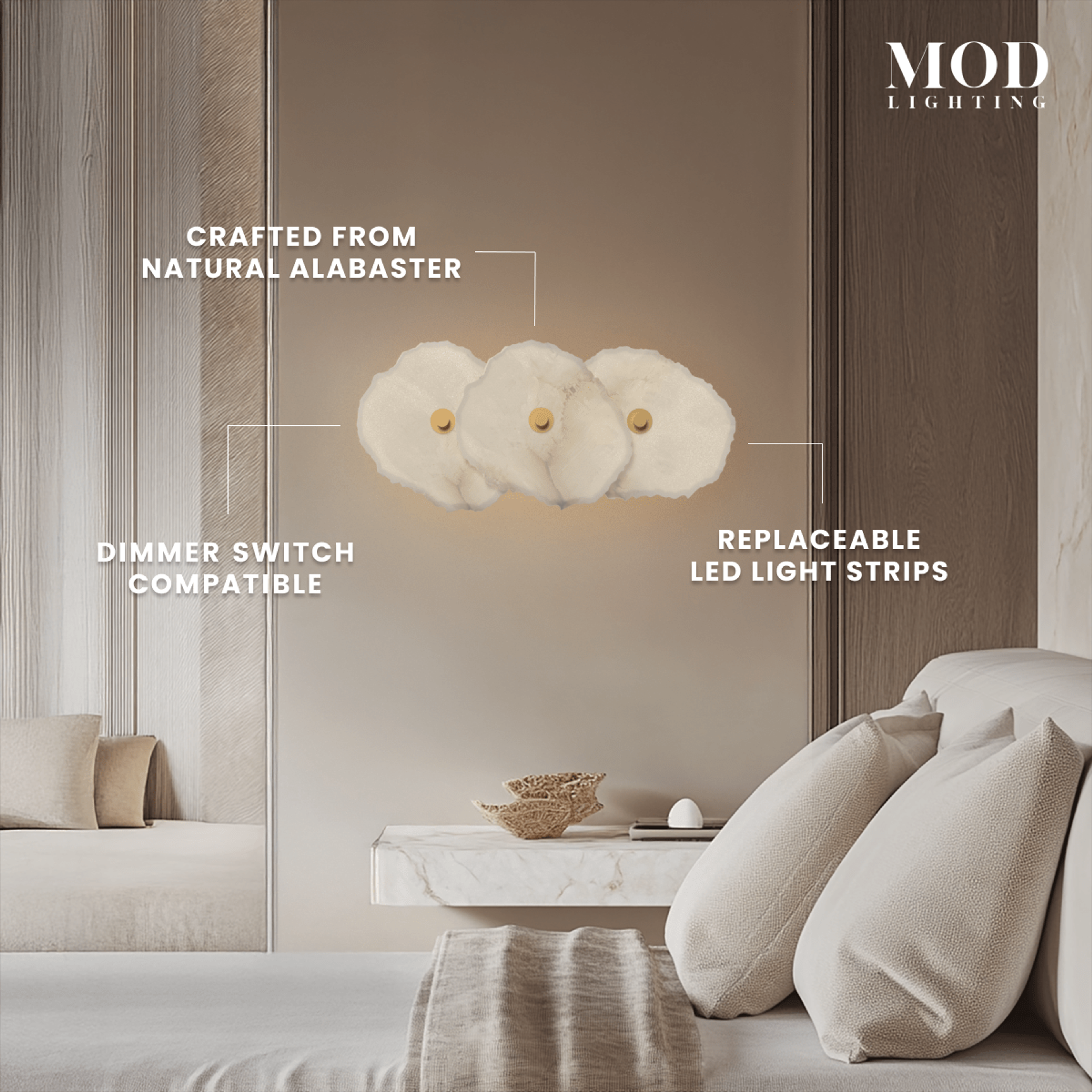 Alba Sconce, three alabaster-petal discs glowing on a bedroom wall; notes natural alabaster and replaceable LED strips