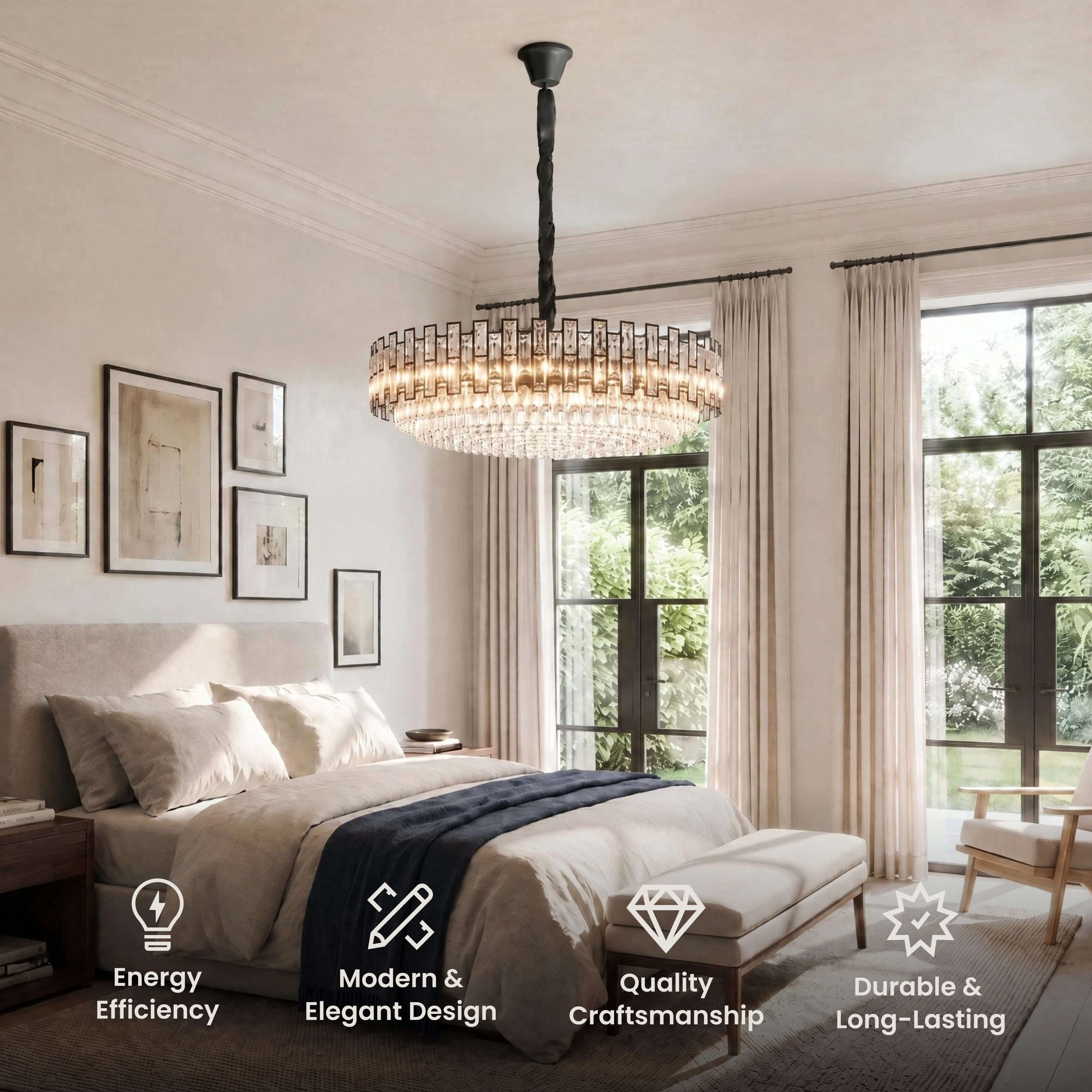 Raven Chandelier, round tiered black drum with clear crystal rods, over a living room seating area