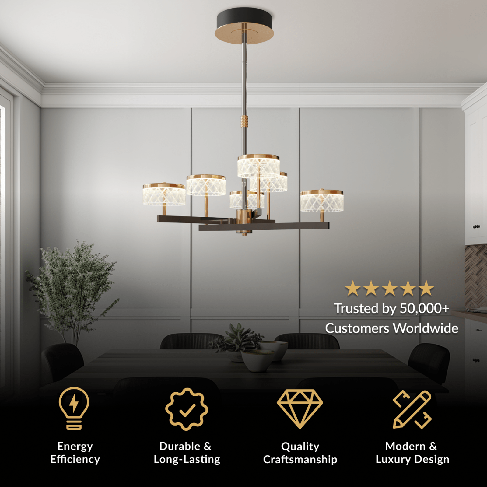 Emma black and gold two-tier chandelier with crystal shades over a dark dining table