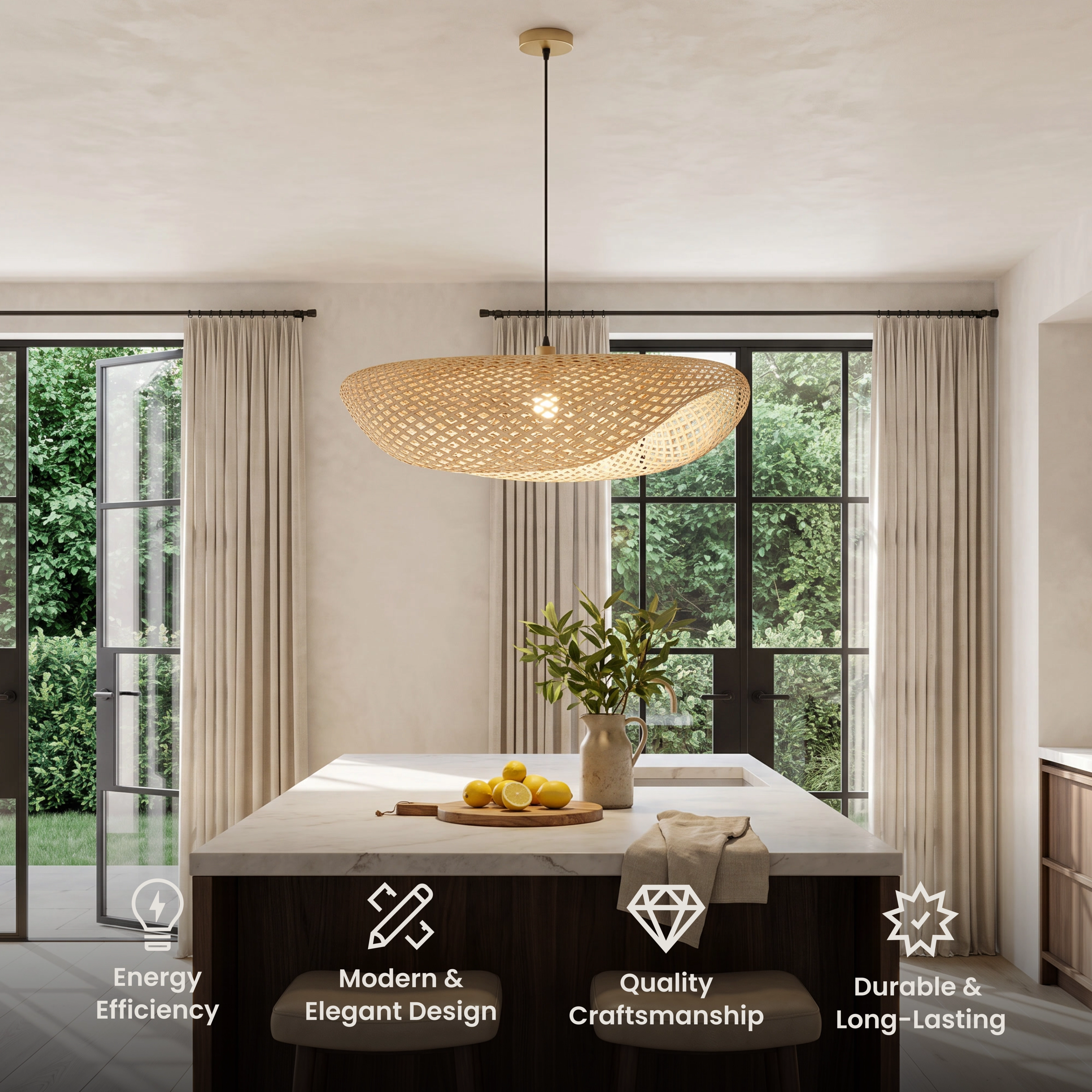 Liora chandelier, wide flat woven bamboo disc pendant over a living room sofa