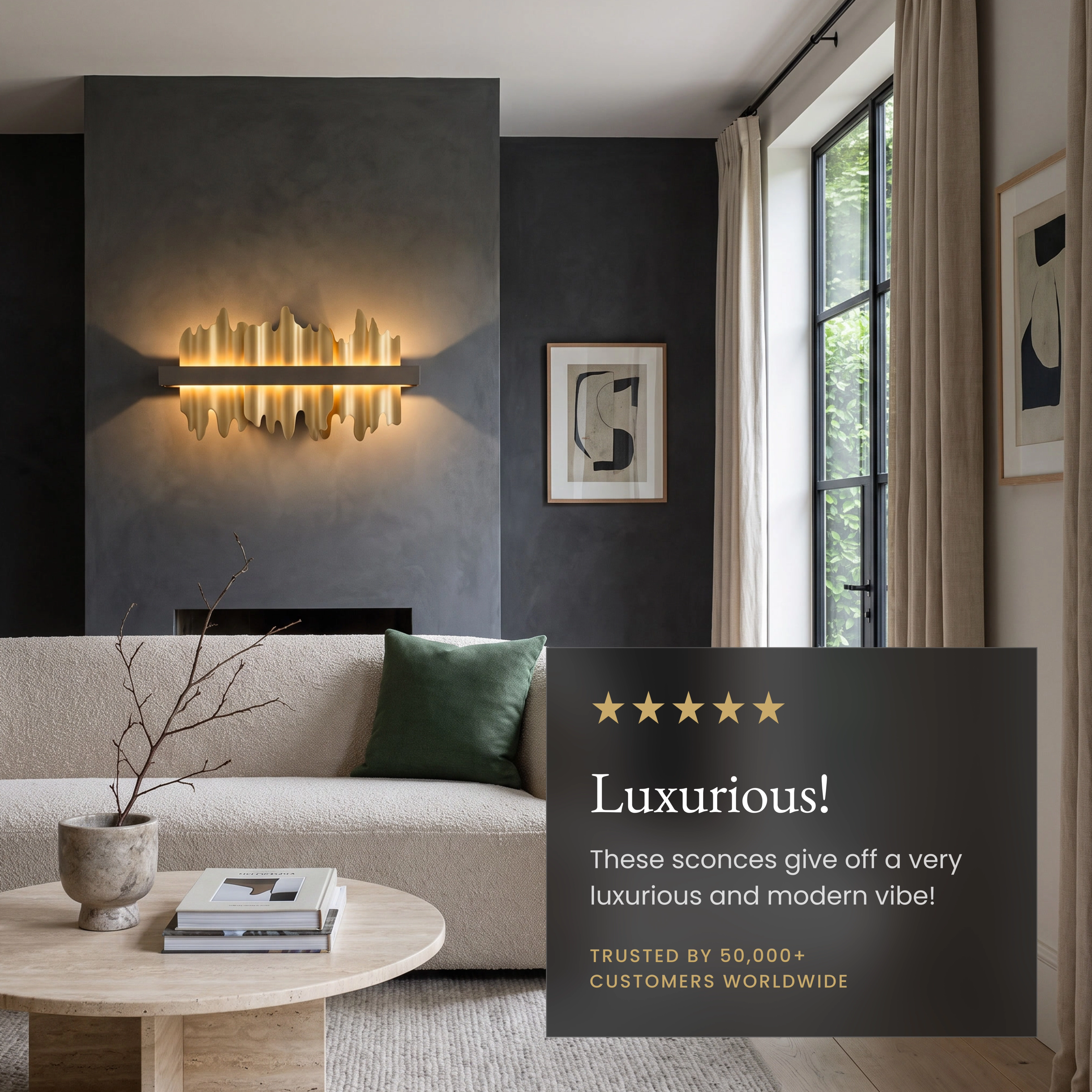 Aurelius wall sconce, horizontal gold bar with crystal spikes mounted above a sofa
