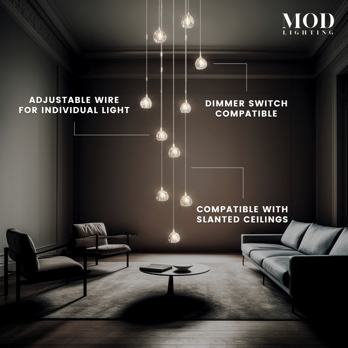 Sage clear-glass globe pendants cascading from a high ceiling over a gray living room