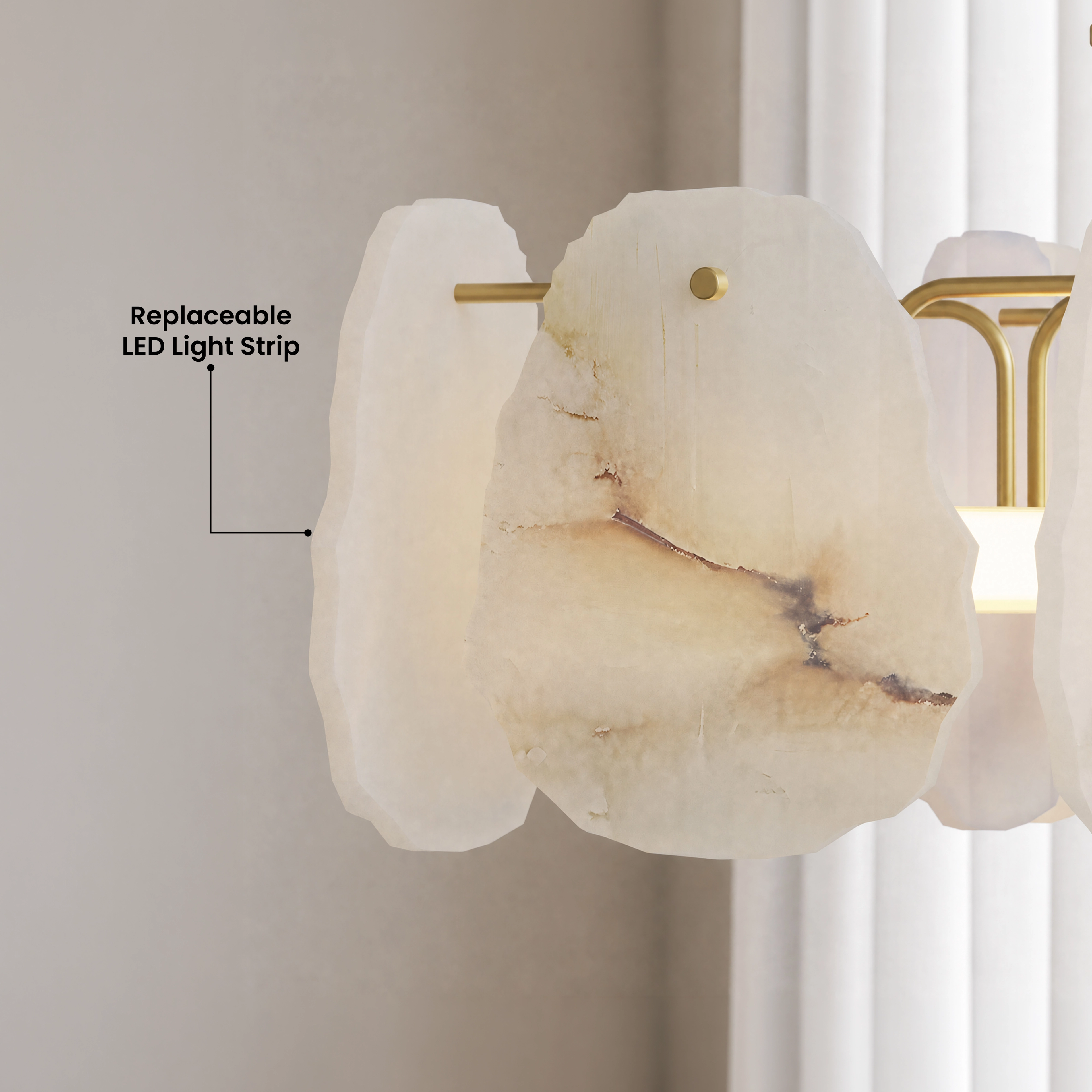 Alba Pendant Smart alabaster petal and brass detail close-up, labeled replaceable LED light strip