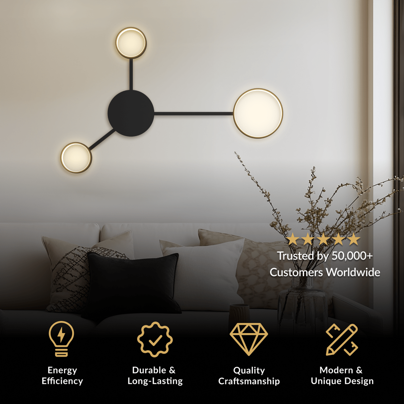 Link black minimalist wall light, three connected illuminated discs on a Y-branch, above a sofa