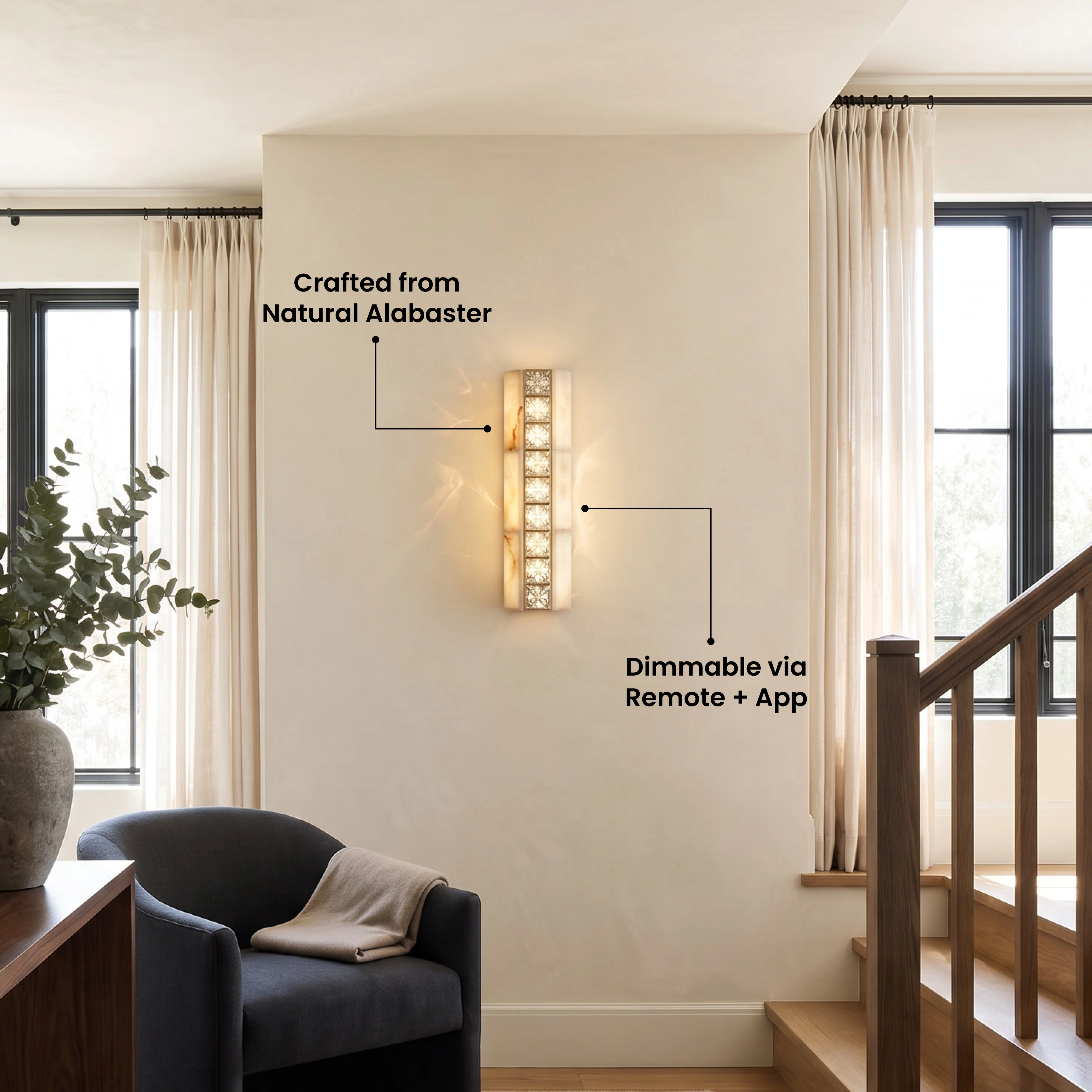 Seraphine Sconce Smart crystal wall sconce on a landing, labeled crafted from natural alabaster and dimmable via remote and app