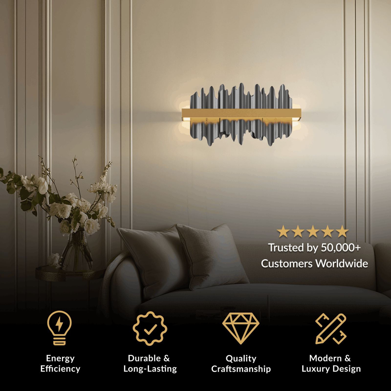 Aurelius gold and black crystal wall sconce mounted above a sofa in a neutral living room