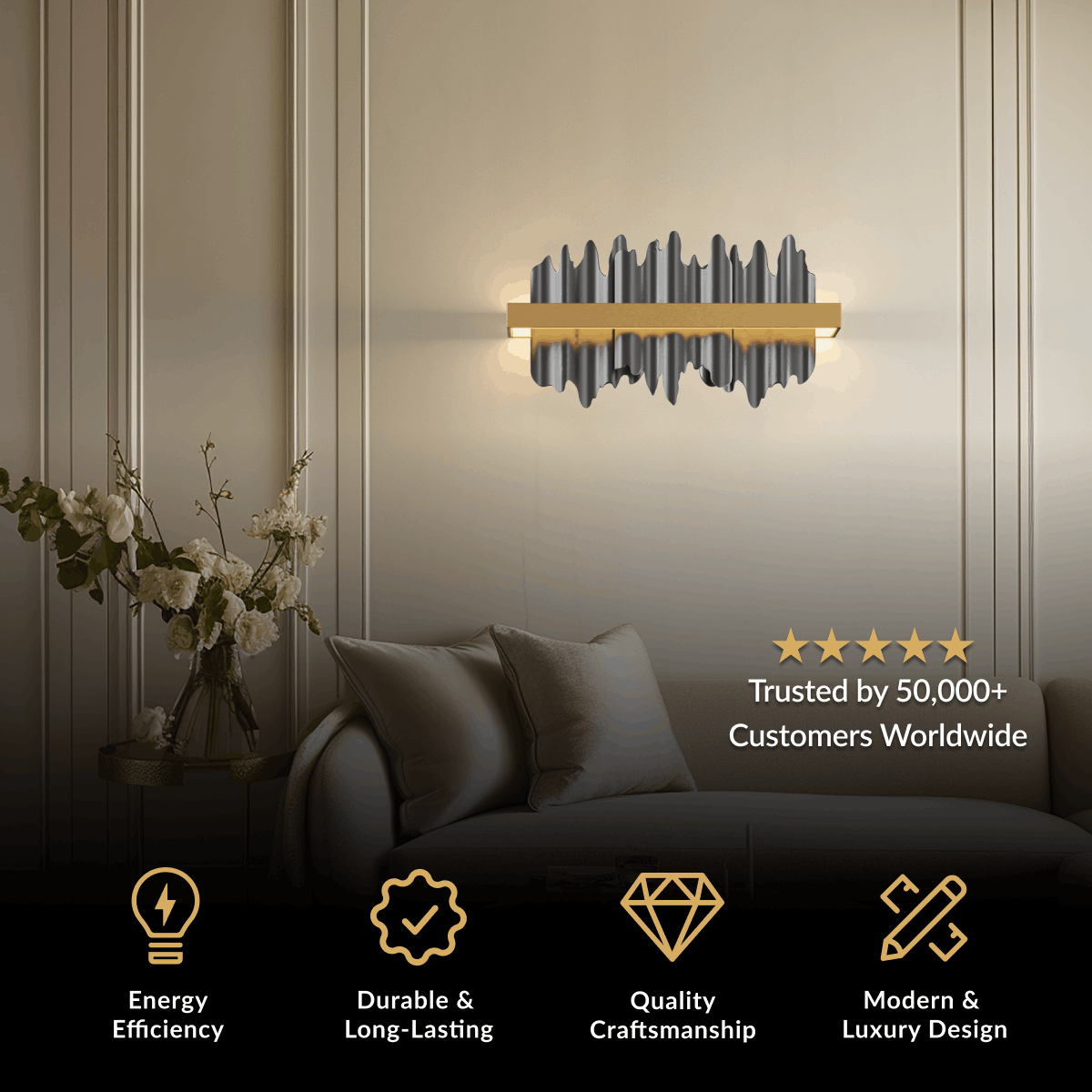 Aurelius gold and black crystal wall sconce mounted above a sofa in a neutral living room