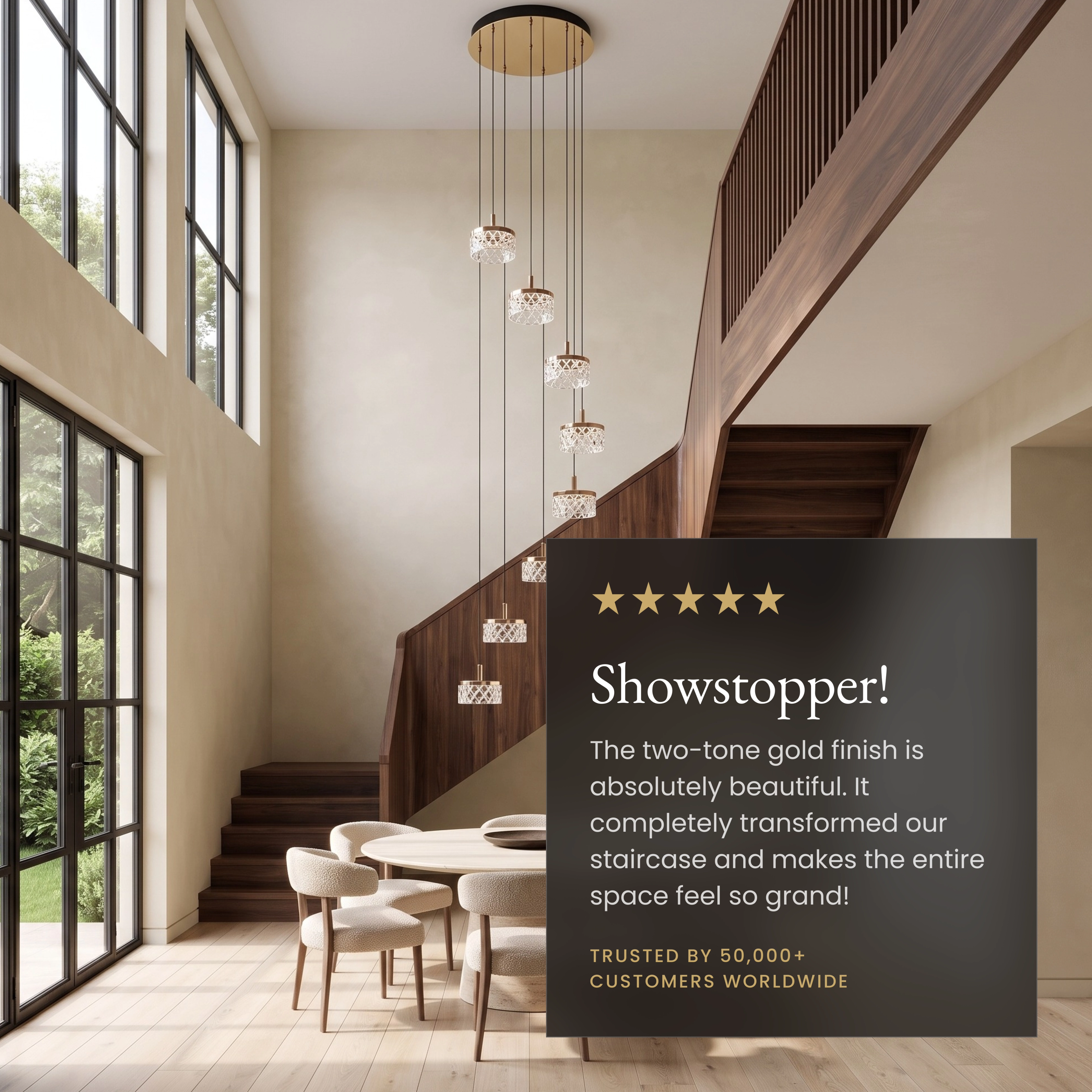 Emma staircase chandelier cascading in a living room, callouts noting dimmer-compatible, slanted-ceiling ready, adjustable le