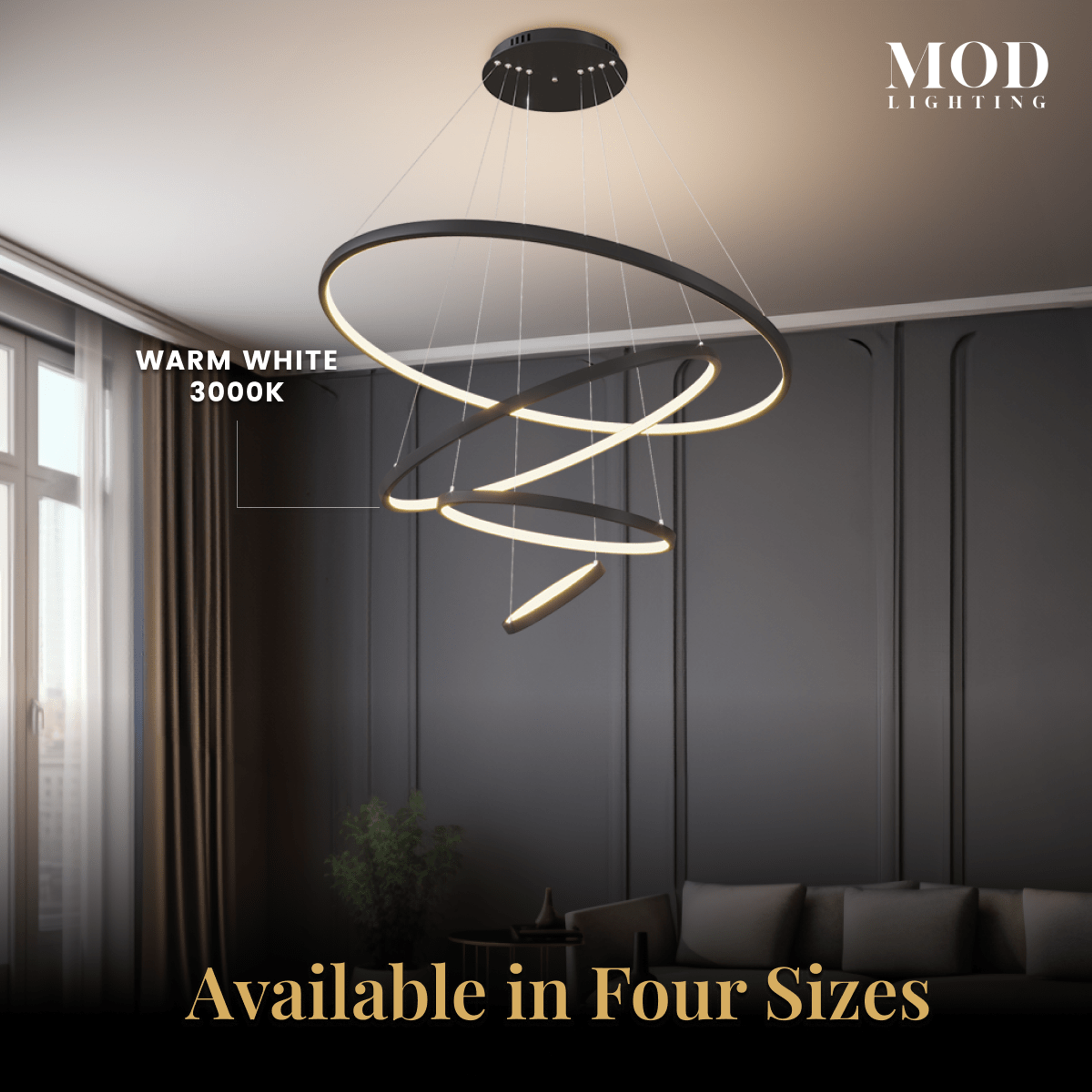 Janet chandelier dimension diagram, 2 interlocking rings, 24" diameter, 39" height, 10" base