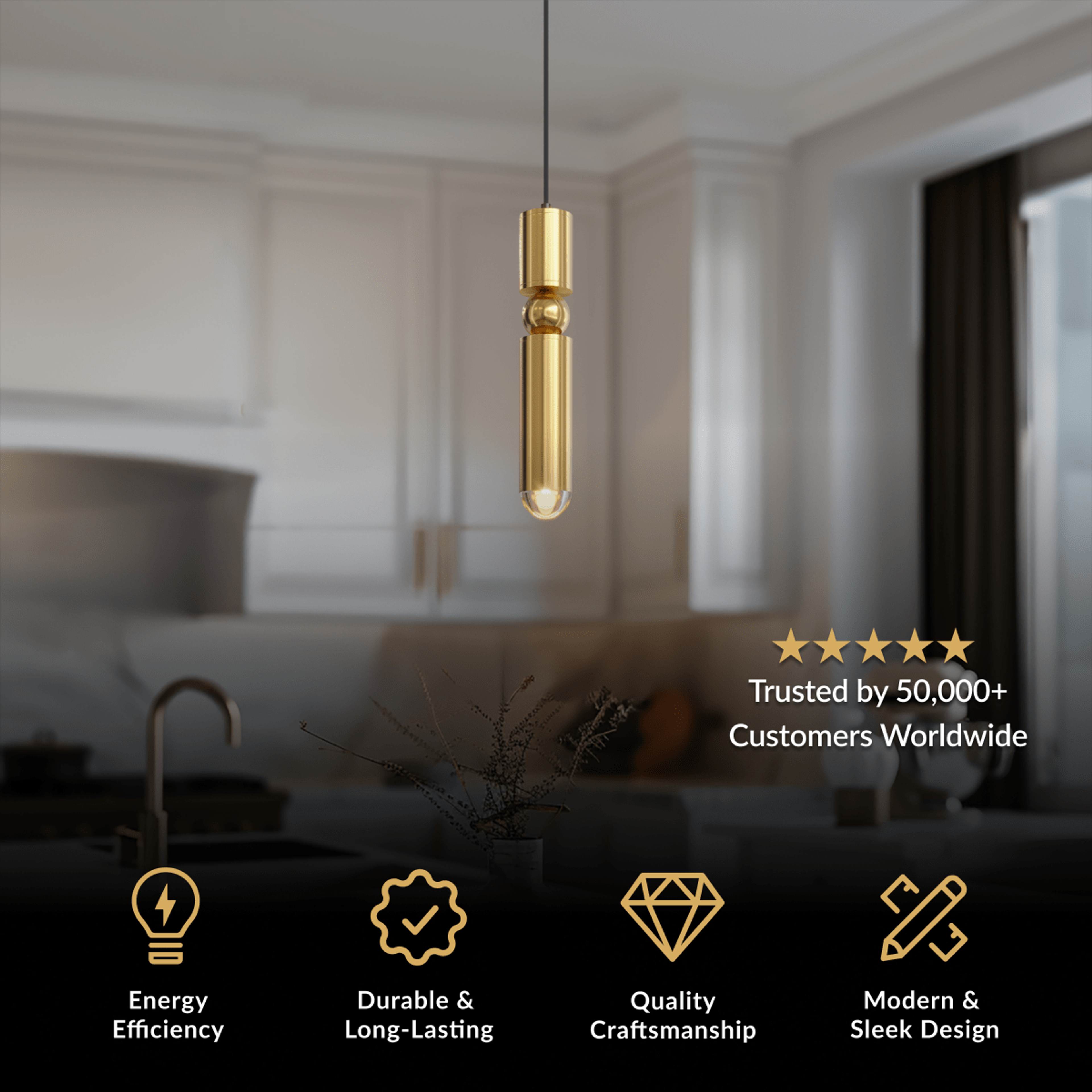Jetta single gold cylindrical pendant light hanging in a softly lit room