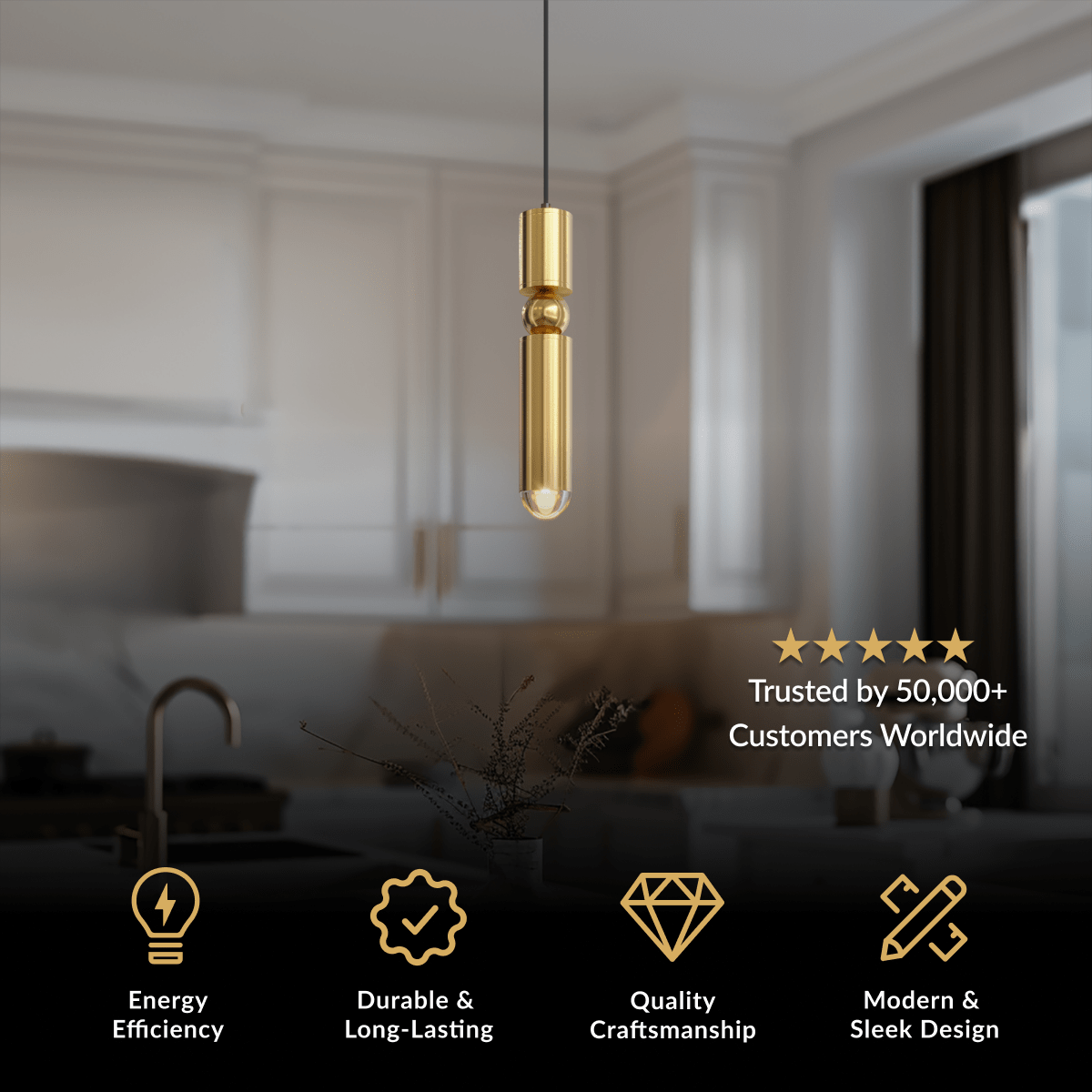 Jetta single gold cylindrical pendant light hanging in a softly lit room