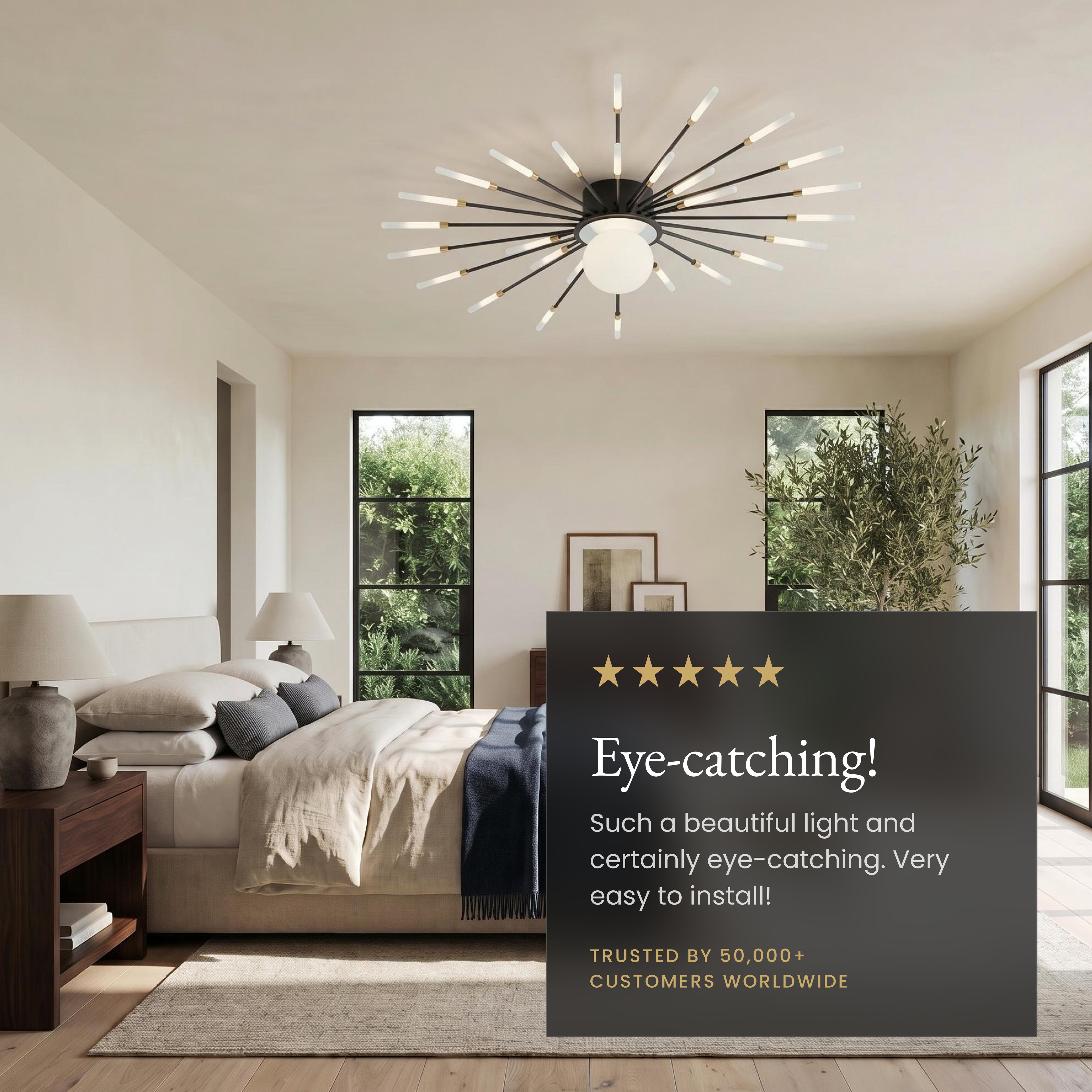 Seashell black spiral ceiling light with radiating rods and center globe in a modern living room