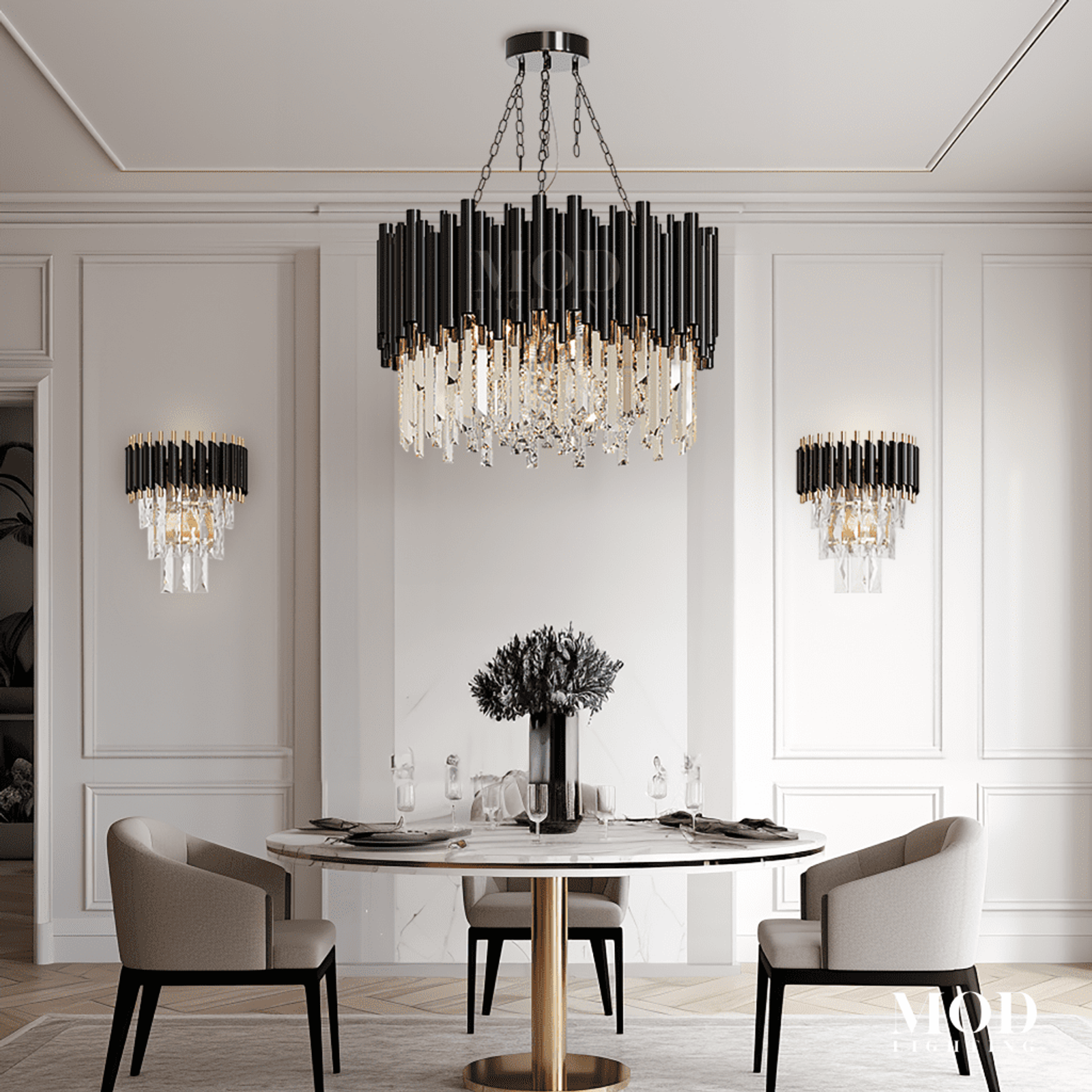 Obsidian chandelier, oval black drum of vertical bars with clear crystal drops, over a round dining table