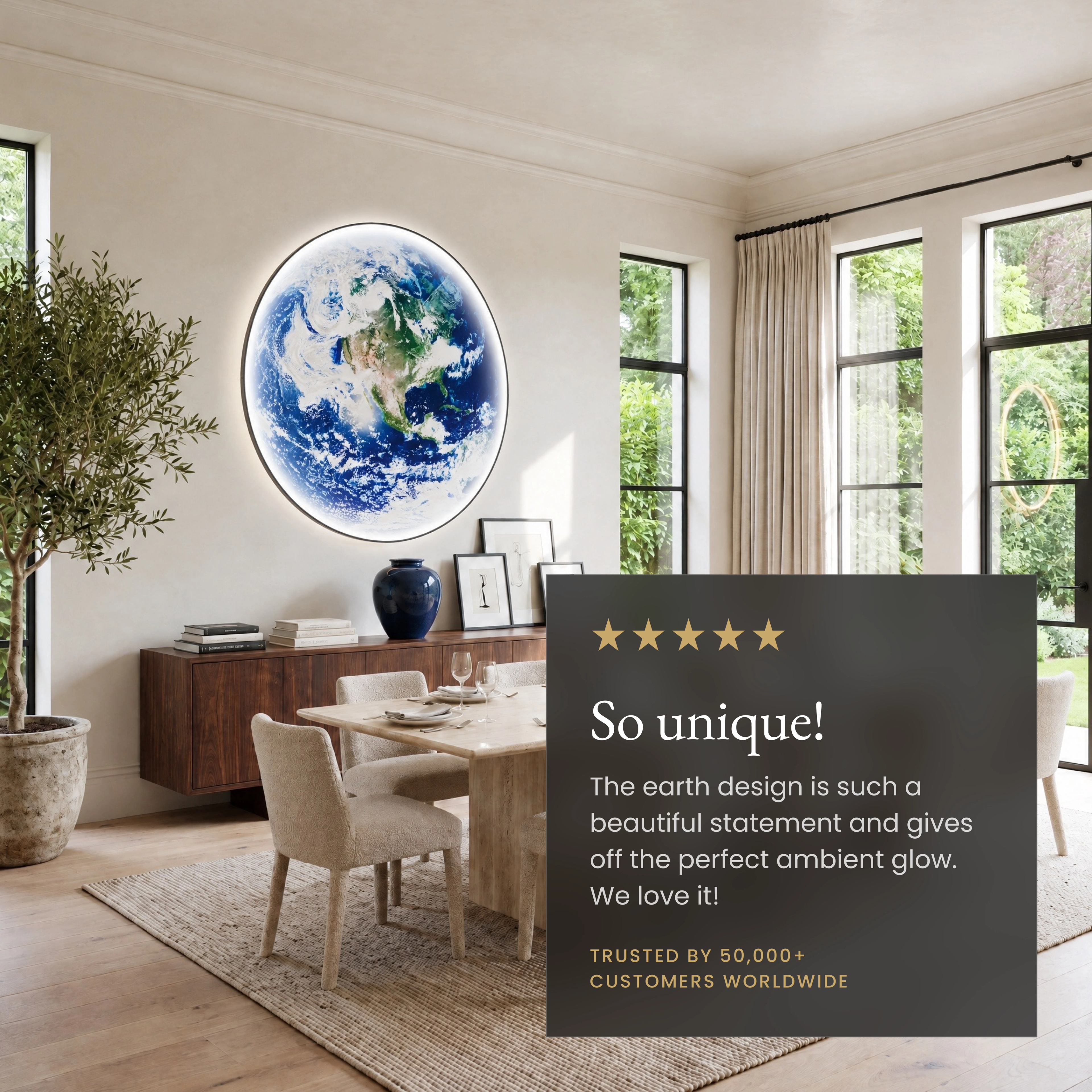 Terra Earth-globe wall and ceiling light in a grey living room; available in 3 sizes with replaceable LED strip