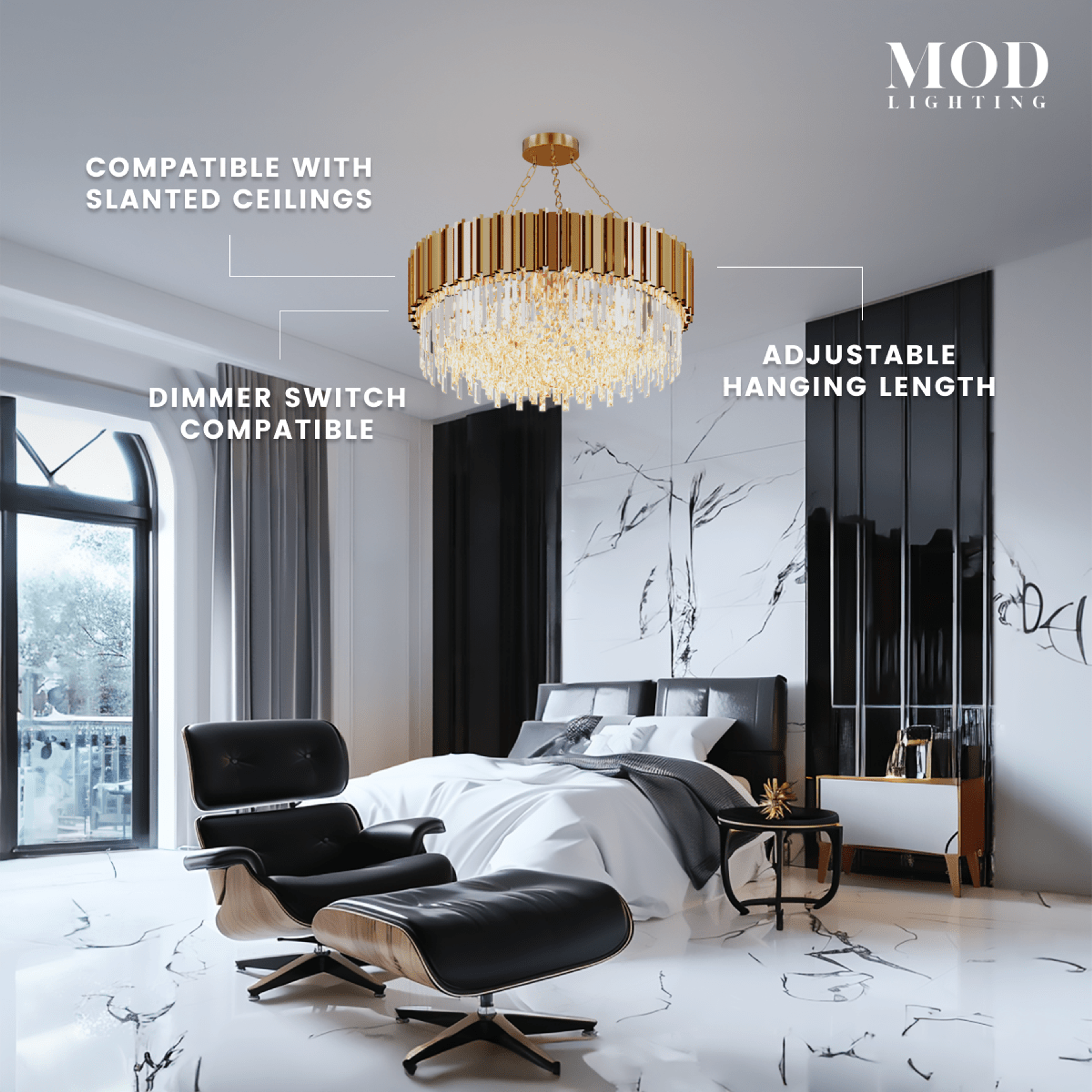 Athena gold crystal drum chandelier over a bed, noting slanted-ceiling, dimmer and adjustable length
