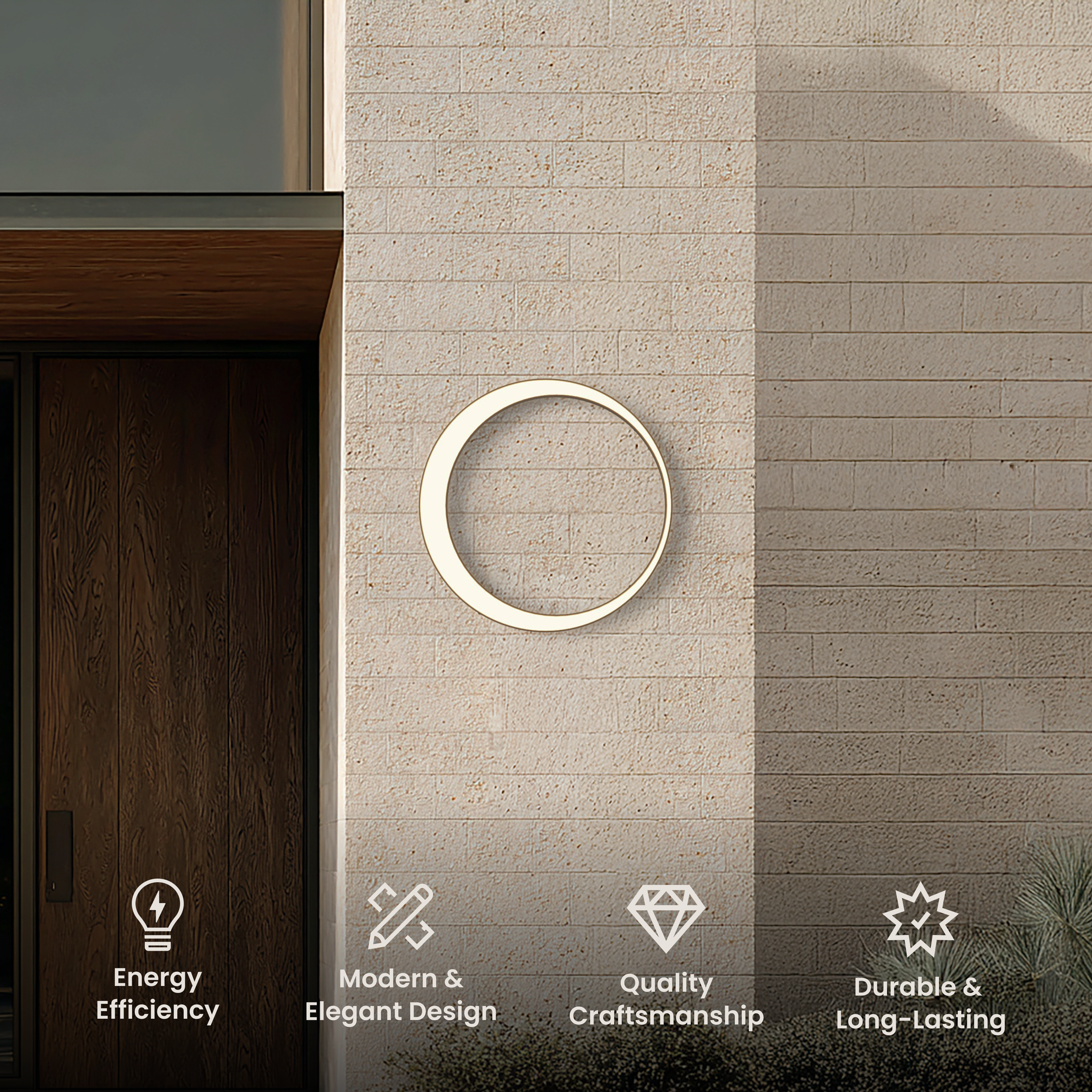 Gleam Smart round LED outdoor wall light glowing on a stone wall beside a front door, with feature icons