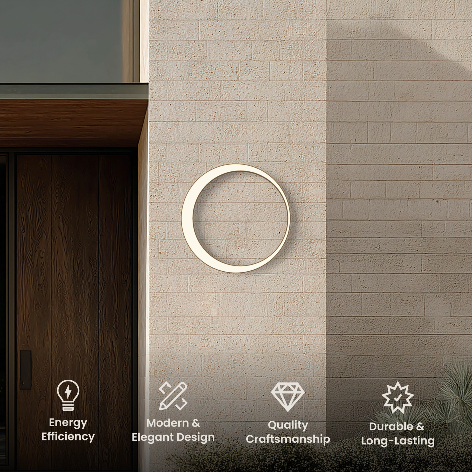 Gleam Smart round LED outdoor wall light glowing on a stone wall beside a front door, with feature icons