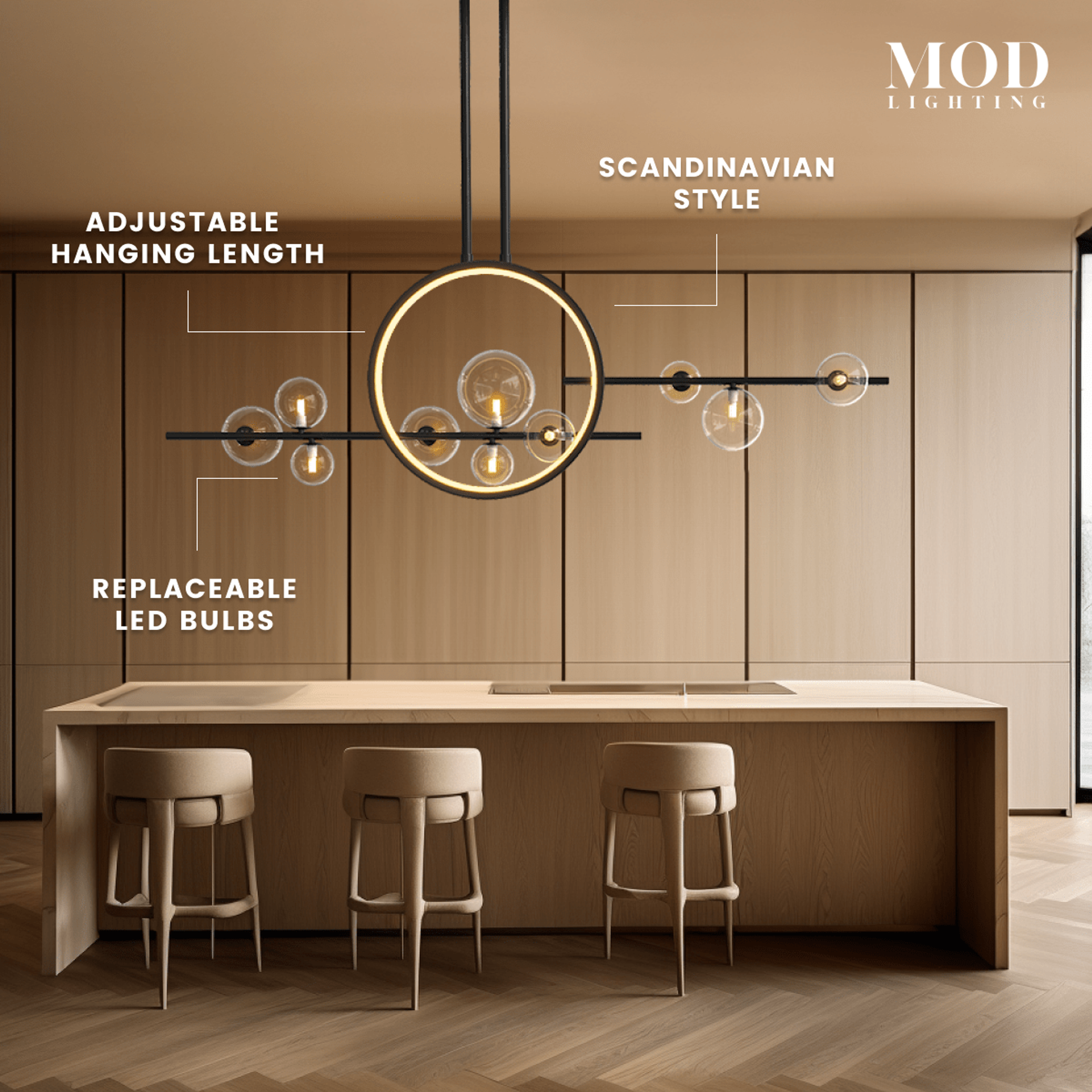 Hailey Nordic chandelier, black linear bar with gold rings and clear glass orbs, over a kitchen island