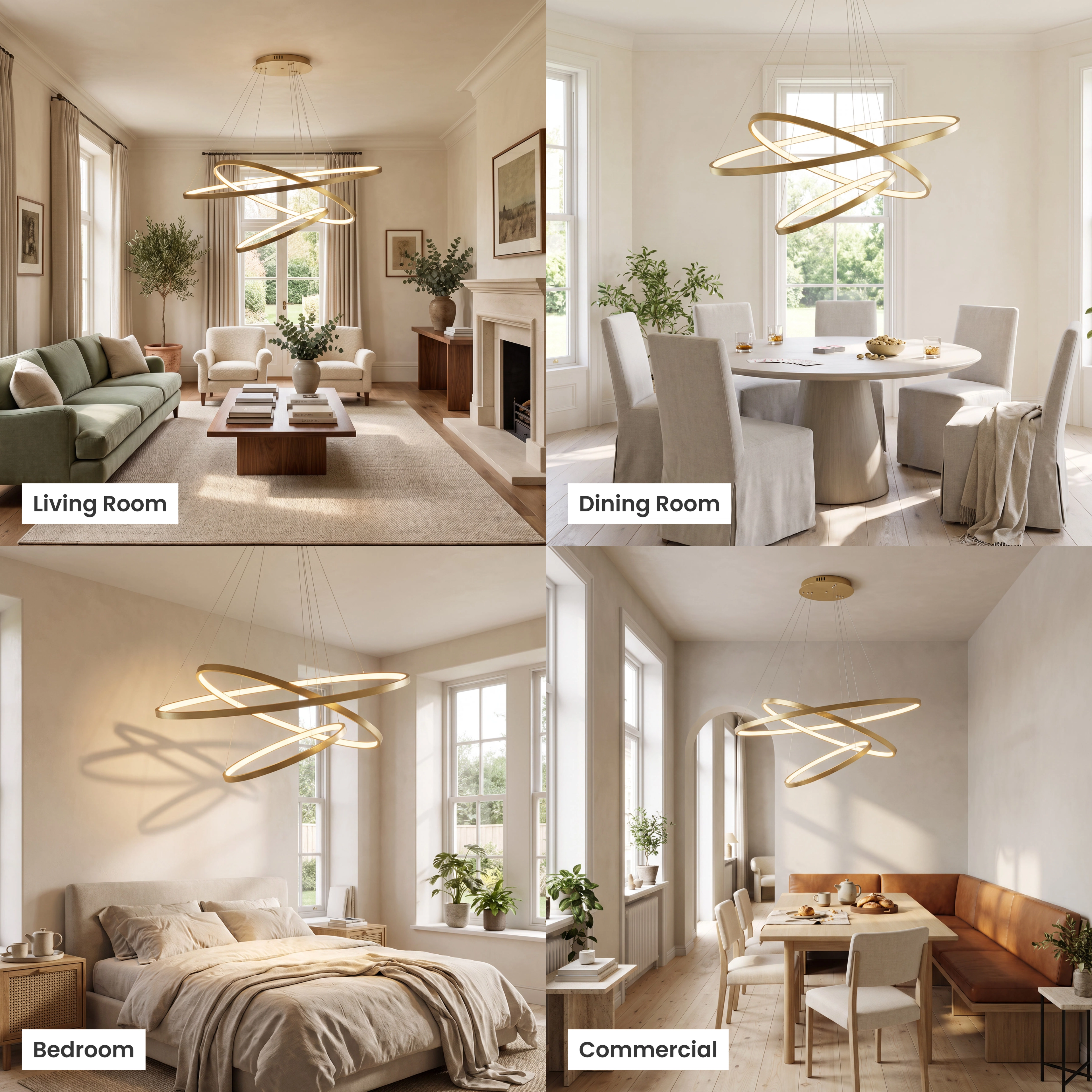 Janet Smart ring chandelier shown in a living room, dining room, bedroom and office