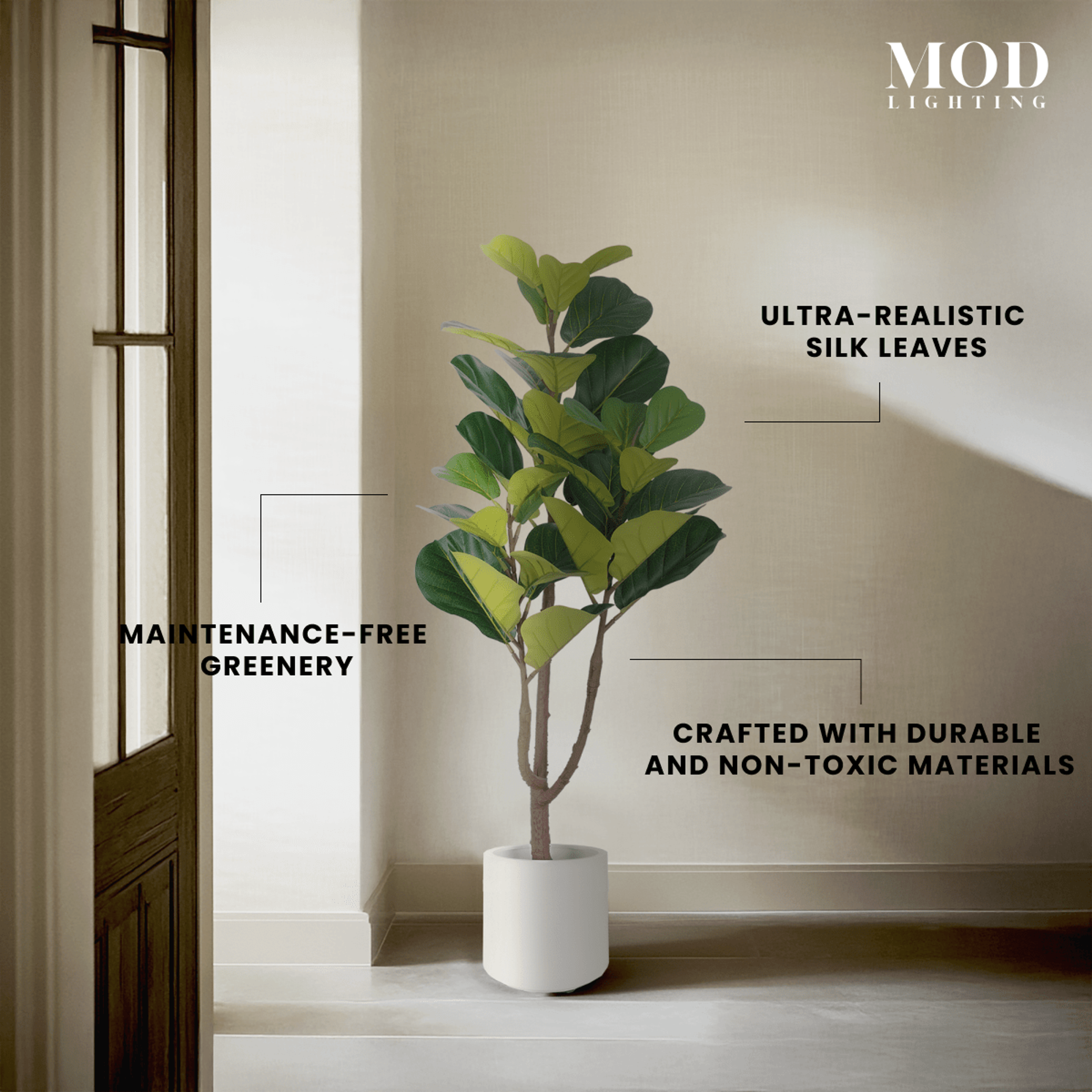 Fiddle Leaf Fig in a white pot in a bright corner, labeled maintenance-free with ultra-realistic silk leaves