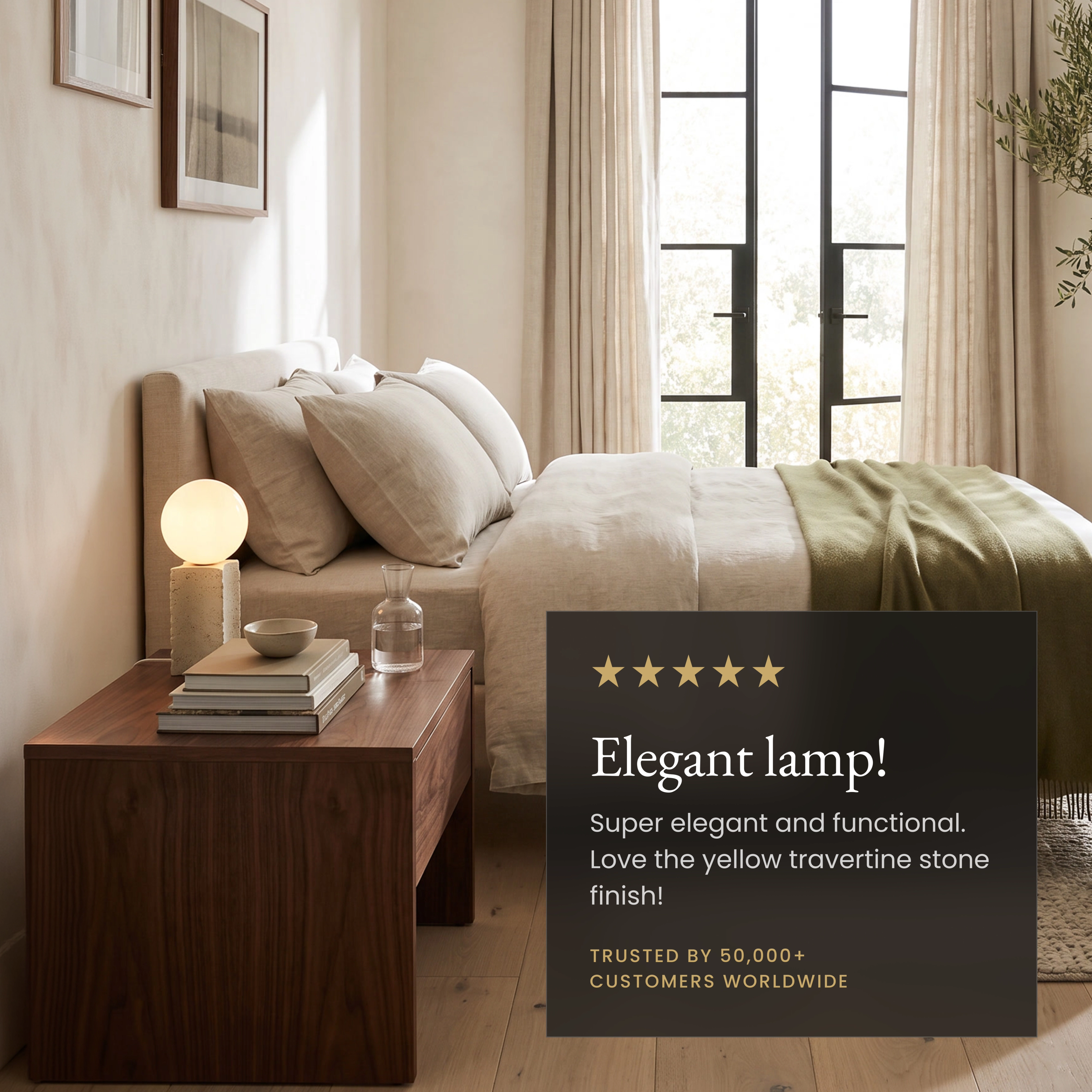 Arabella Table Lamp travertine stone lamp, stone block base with white glass orb on a wood table, with feature callouts