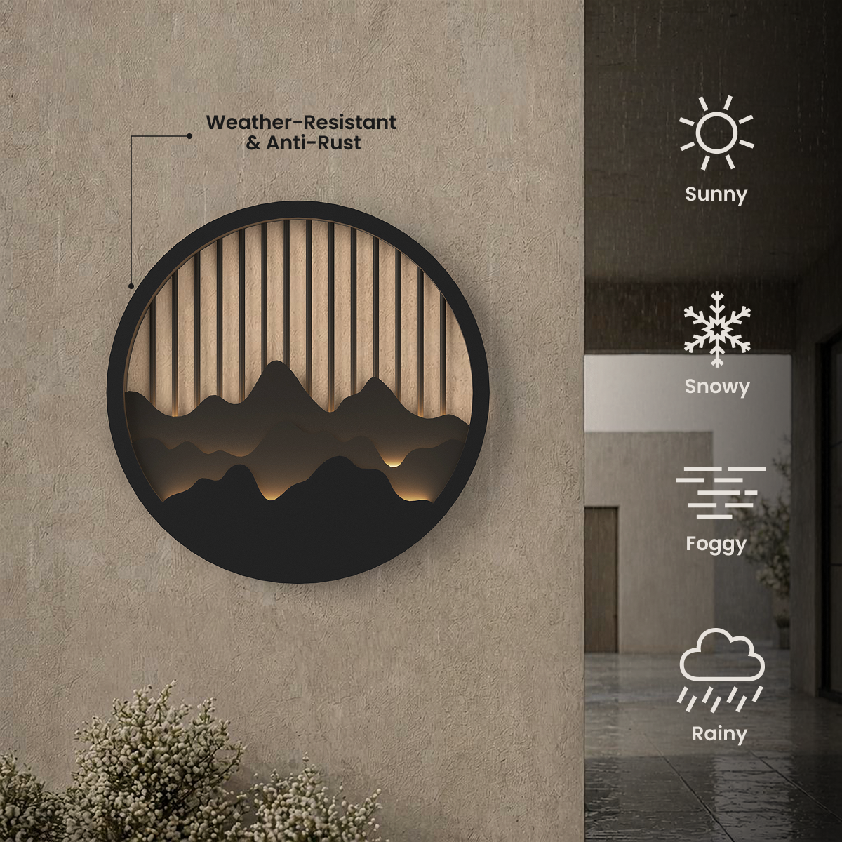 Valley round wall light, backlit mountain-and-slat design, weather-resistant anti-rust build for sunny, snowy, foggy, rainy